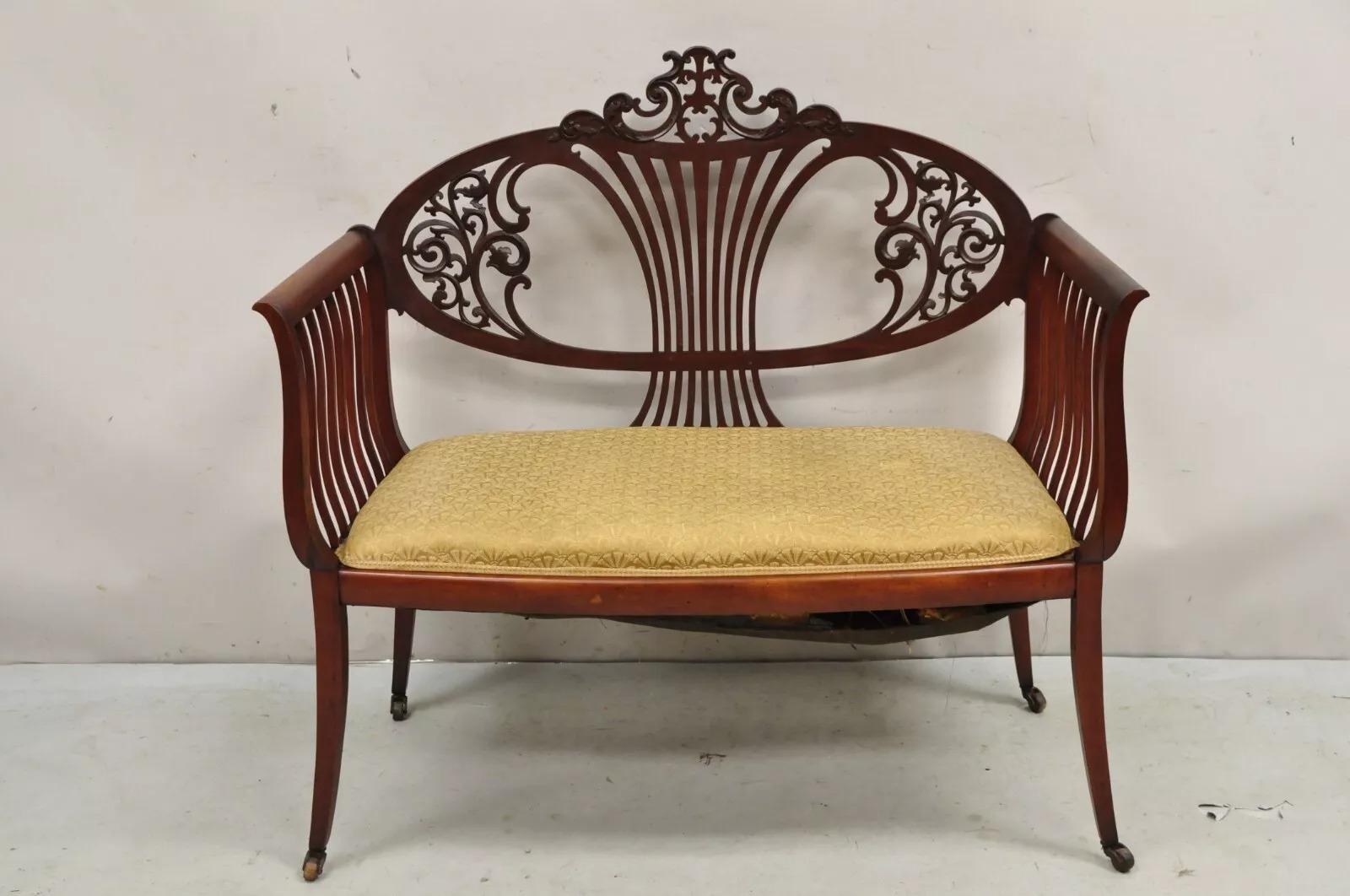 Antique Victorian Mahogany Carve Fretwork Sofa Parlor Bench Settee Loveseat 6