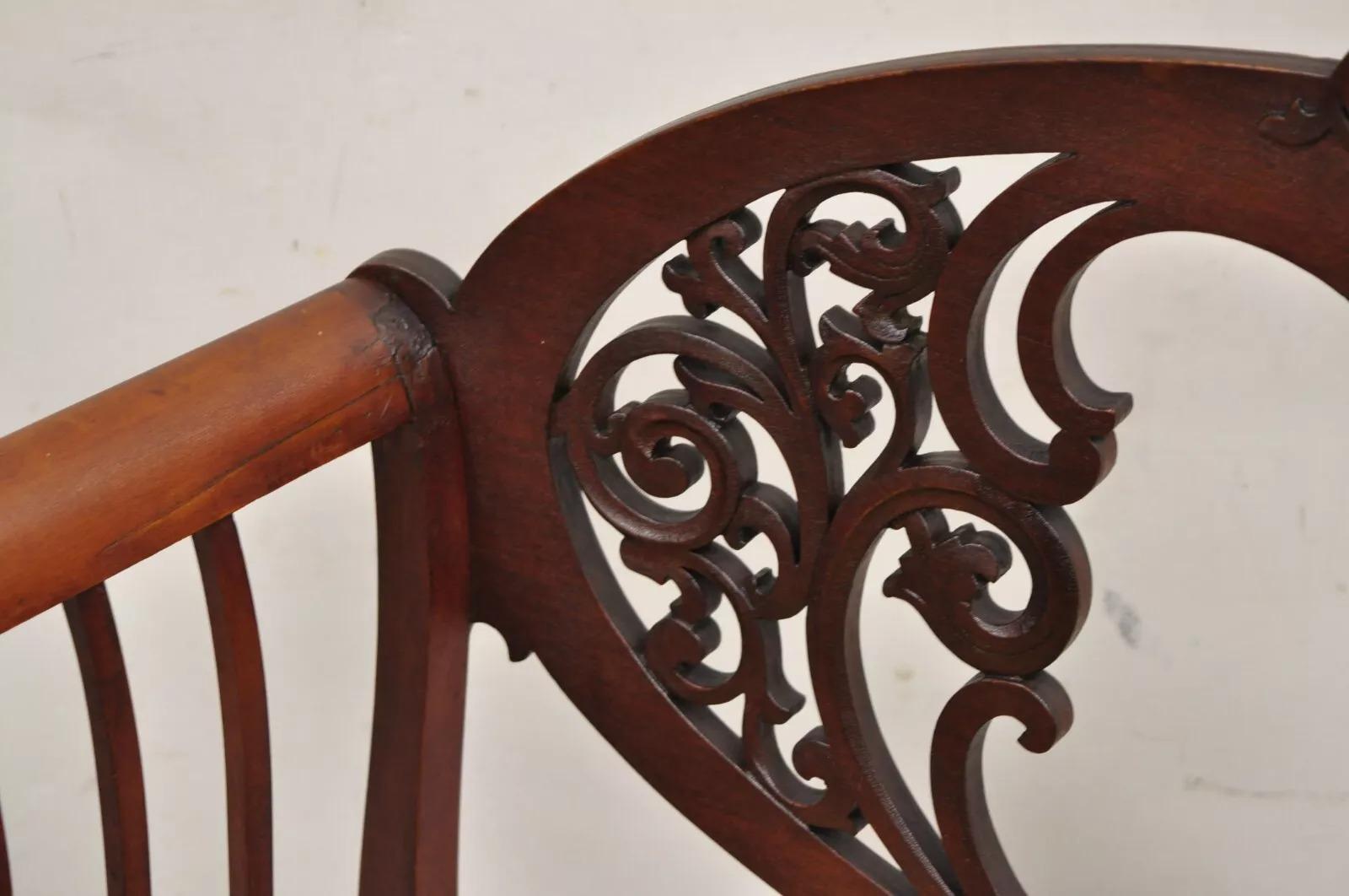20th Century Antique Victorian Mahogany Carve Fretwork Sofa Parlor Bench Settee Loveseat