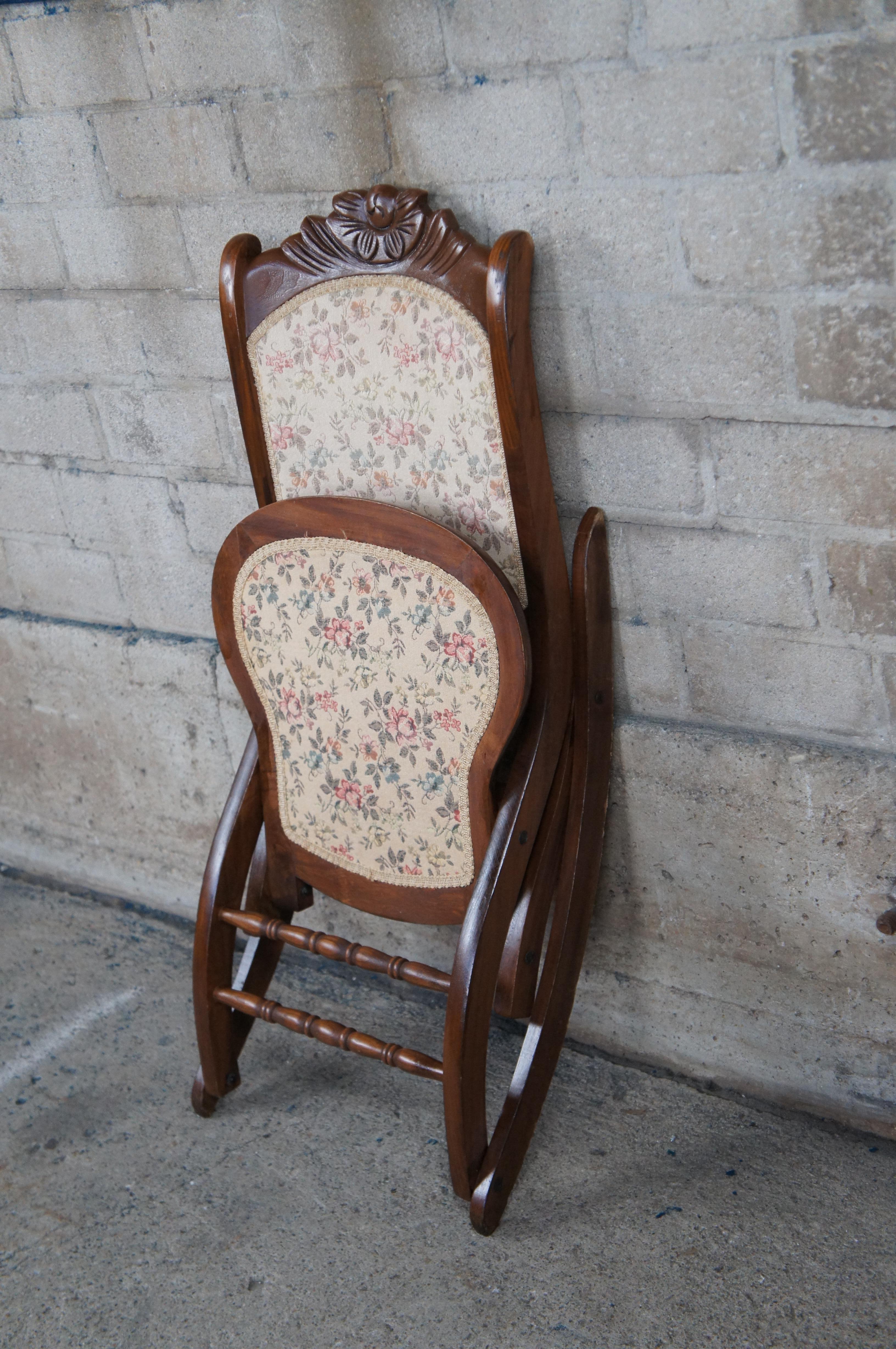 Antique Victorian Mahogany Carved Folding Rocker Floral Seat Campaign Chair 2