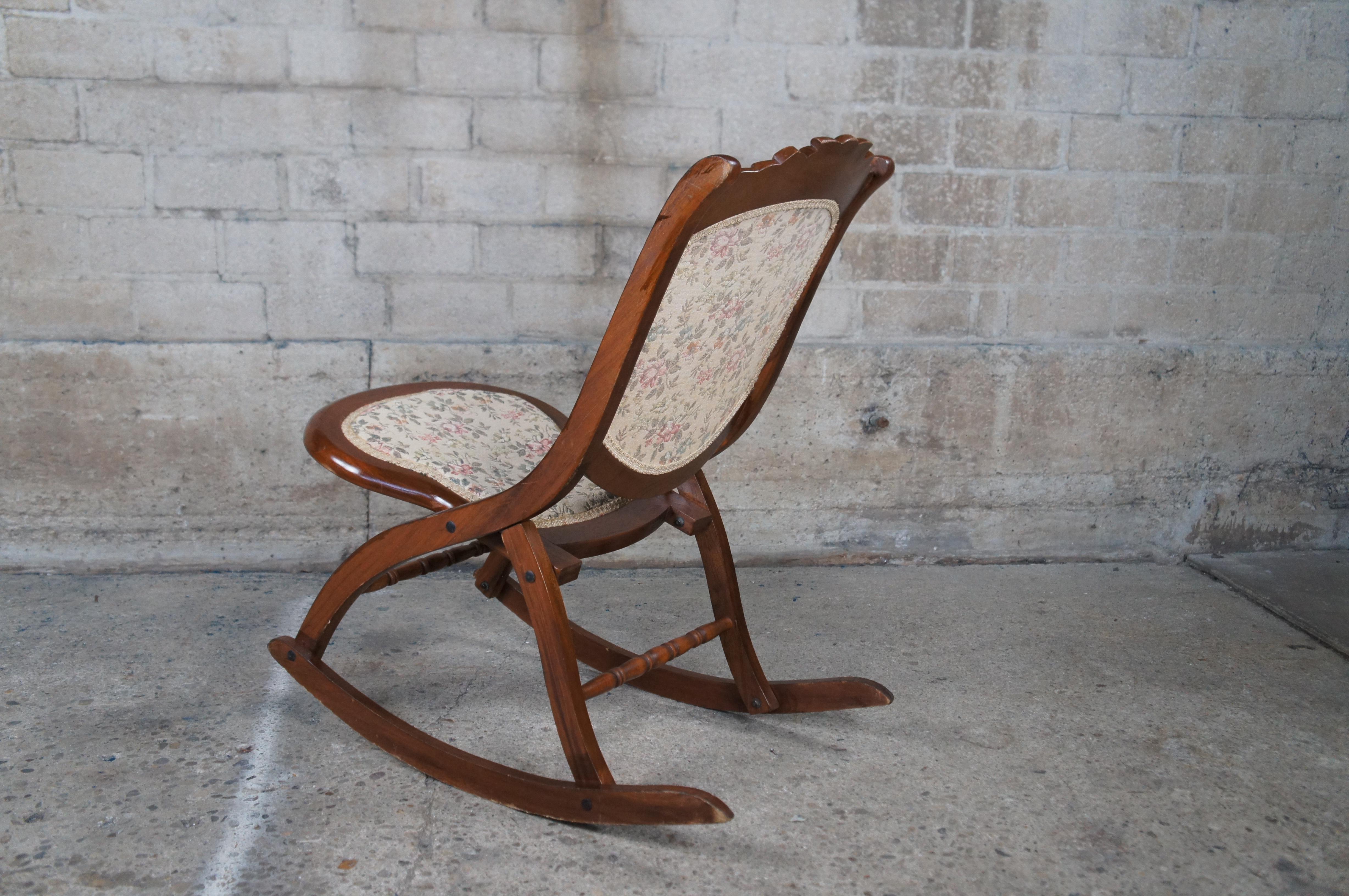 19th Century Antique Victorian Mahogany Carved Folding Rocker Floral Seat Campaign Chair