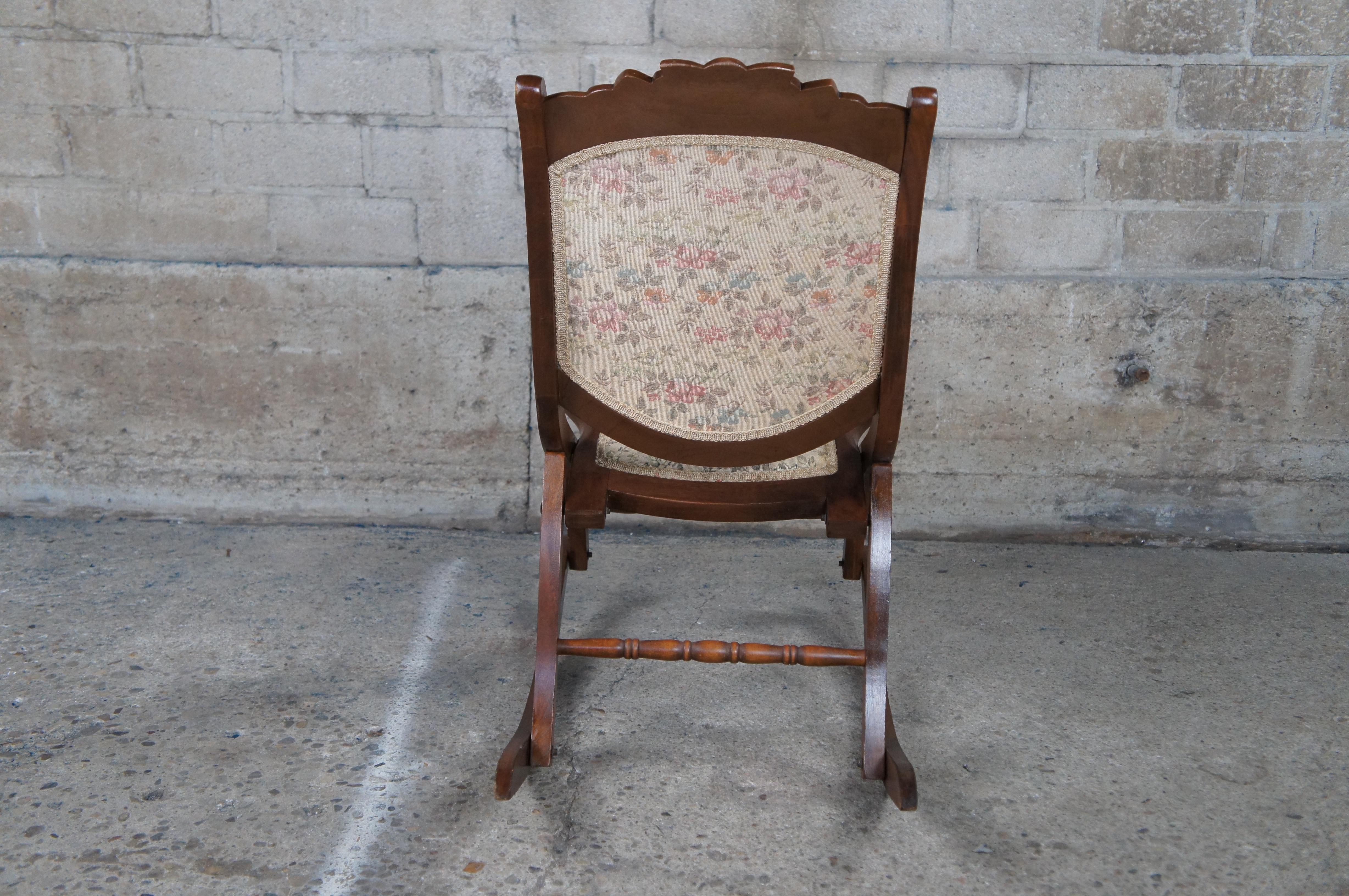 Upholstery Antique Victorian Mahogany Carved Folding Rocker Floral Seat Campaign Chair