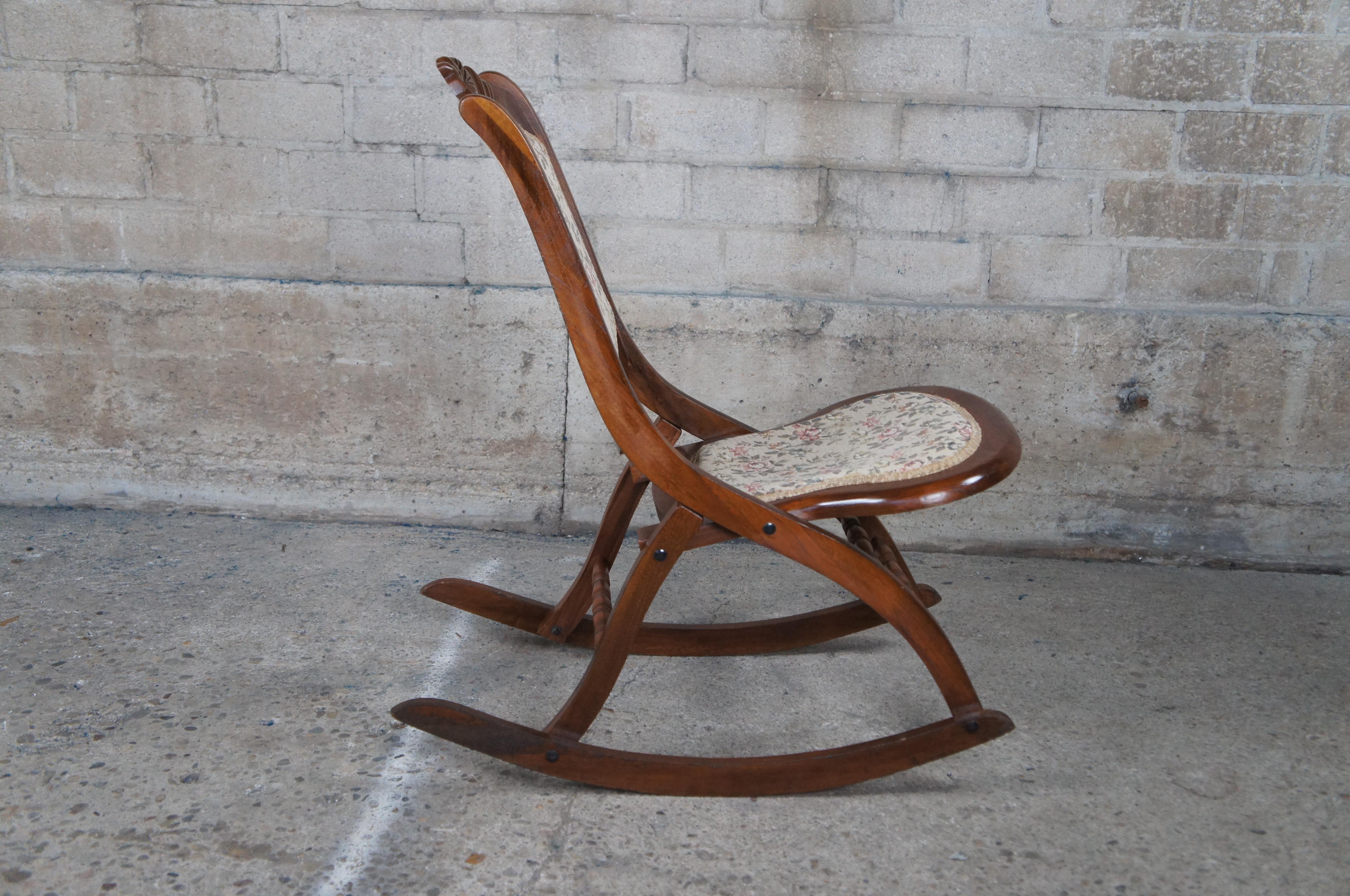 Antique Victorian Mahogany Carved Folding Rocker Floral Seat Campaign Chair 1