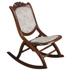 Silla de Campaña Antigua Victoriana de Caoba Tallada Mecedora Plegable con Asiento Floral