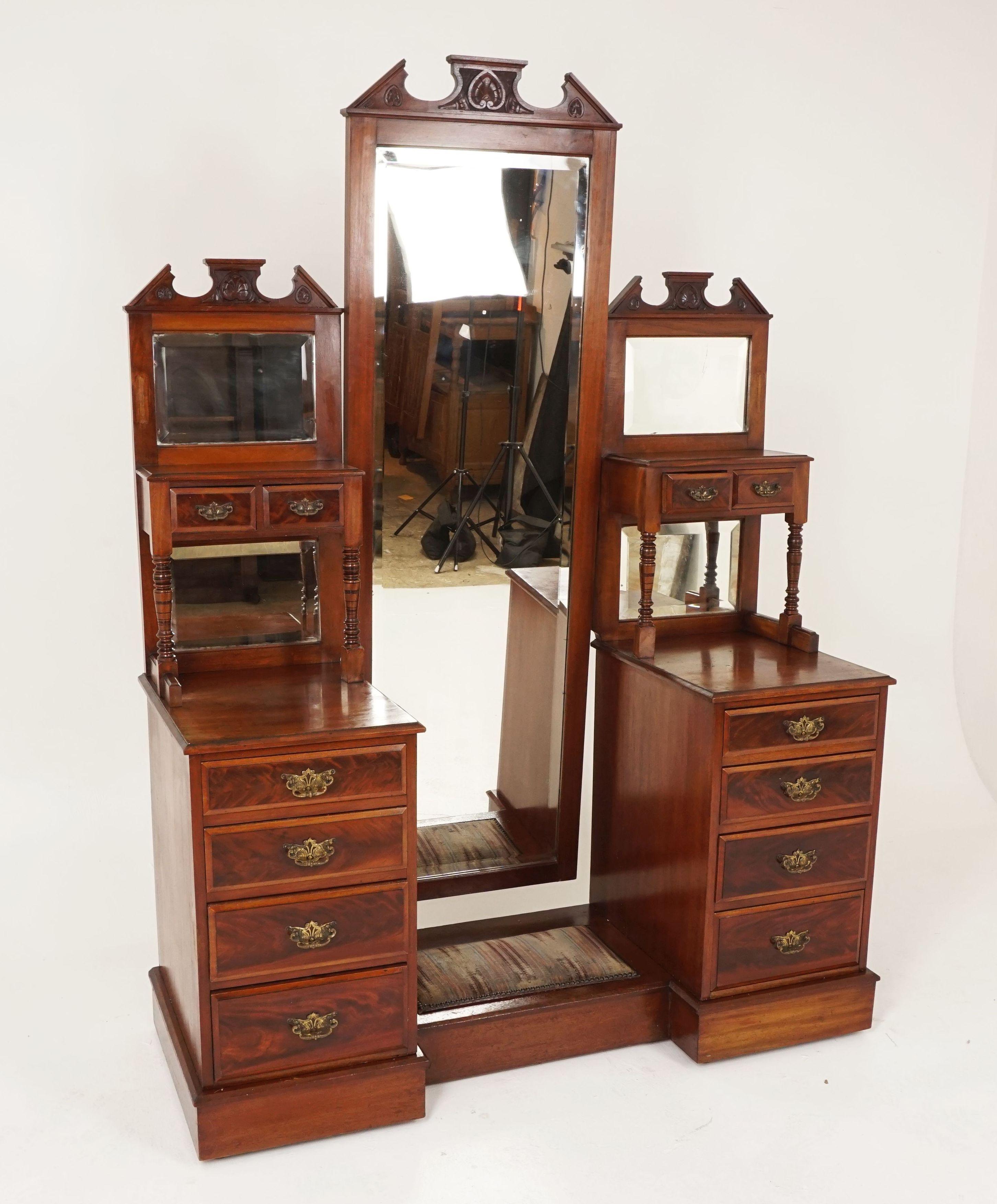 Antique Victorian Walnut cheval mirror vanity dressing table, Scotland 1880, B2356

Scotland, 1880
Solid Walnut
Original finish
Tall full length cheval mirror to the center
Flanked by a pair of mirror back stands with a pair of dovetailed jewelry