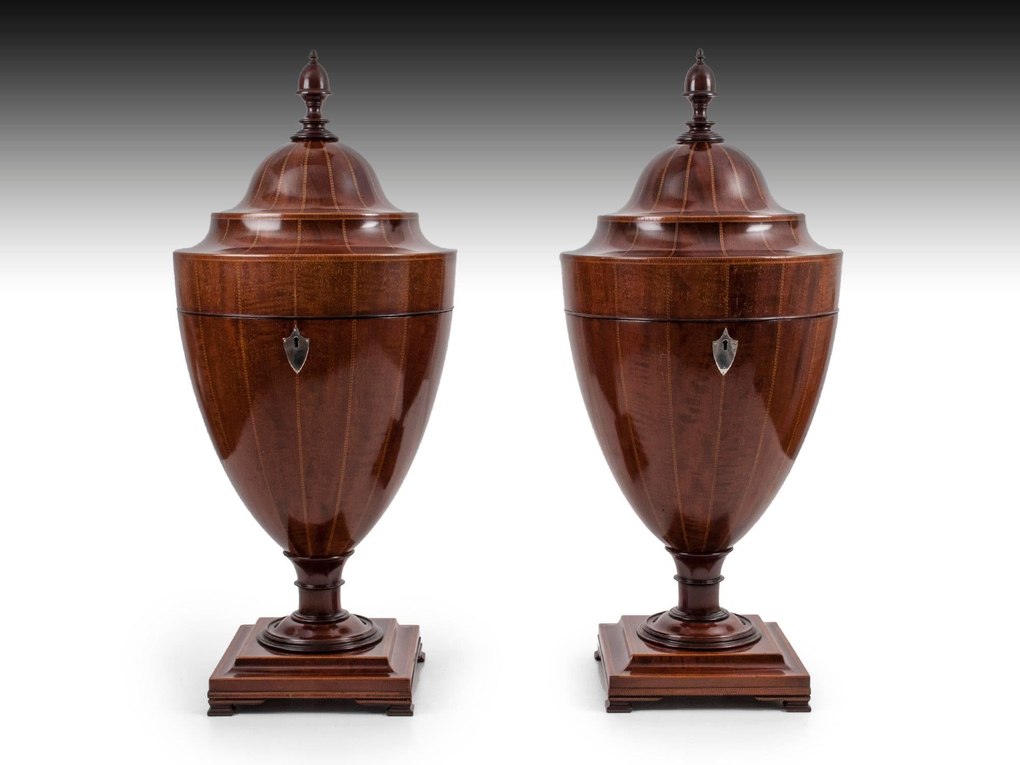 Pair of mahogany cutlery urns inlaid with boxwood herringbone inlay and edged with a boxwood and tulipwood crossbanding. Their fronts are decorated with a silver shield-shaped escutcheon. Each stands on a square plinth base on ogee bracket feet.