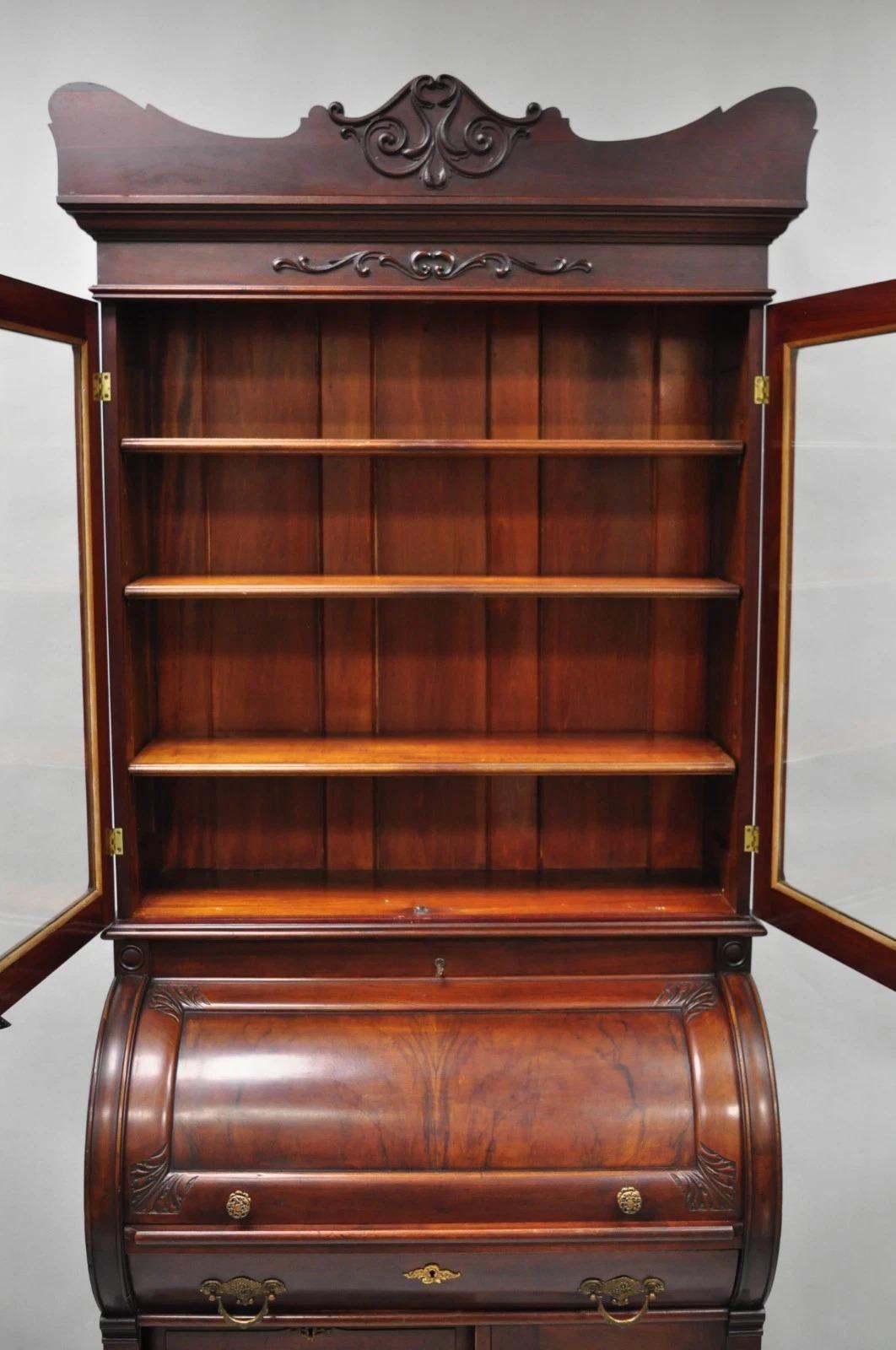 Antique Victorian Mahogany Cylinder Roll Top Bookcase Secretary Desk Cabinet For Sale 6