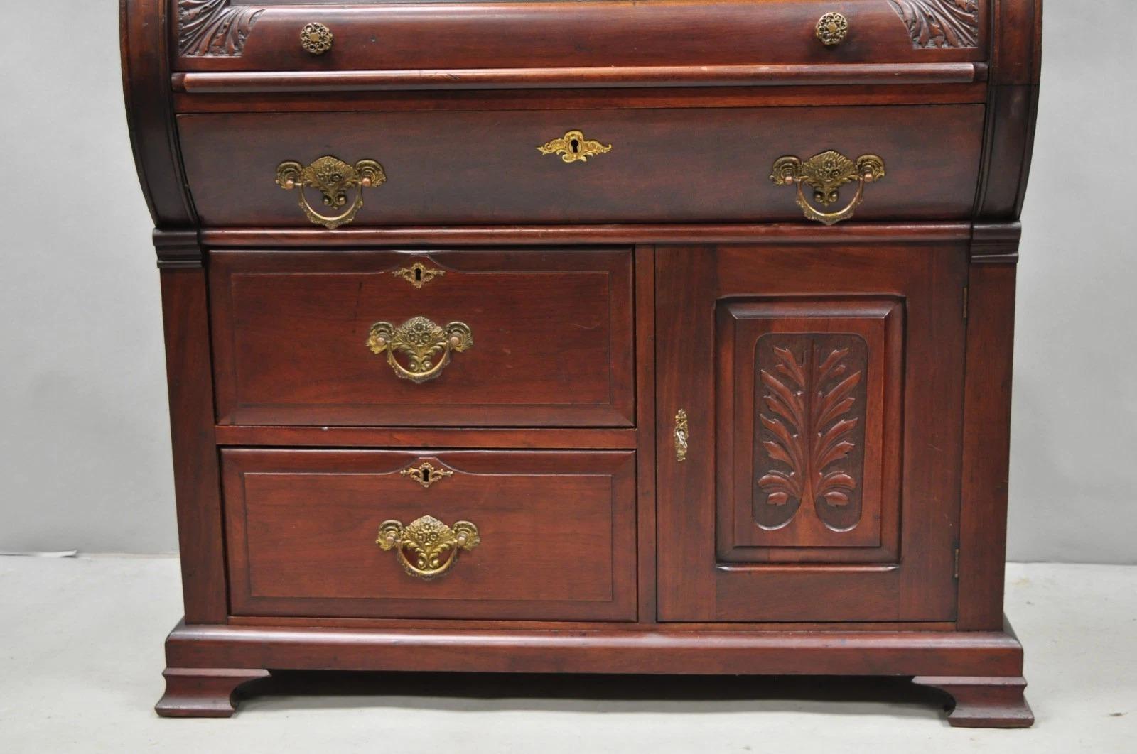 Antique Victorian Mahogany Cylinder Roll Top Bookcase Secretary Desk Cabinet For Sale 9