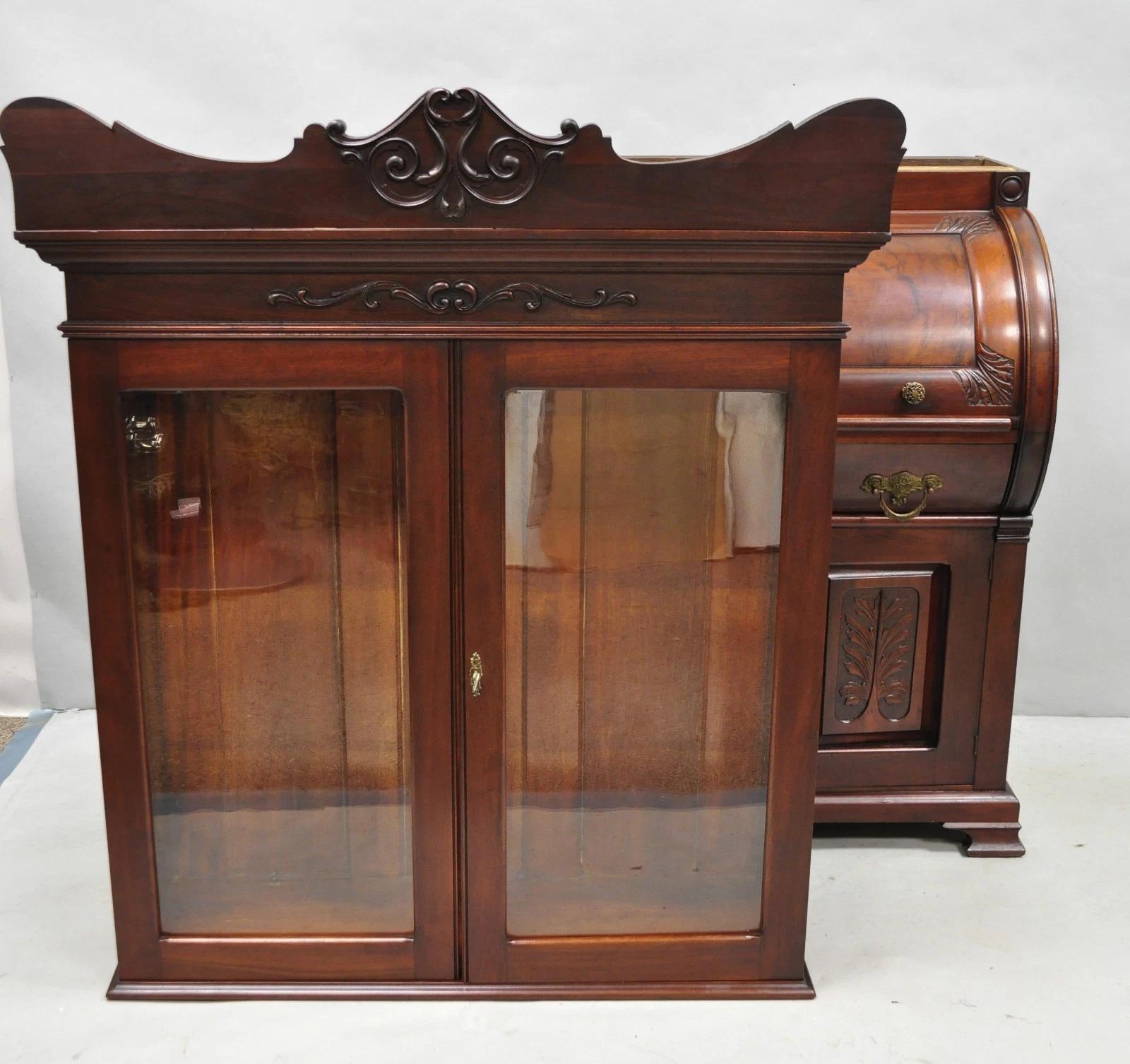 Antique Victorian Mahogany Cylinder Roll Top Bookcase Secretary Desk Cabinet For Sale 11