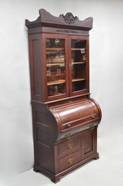 Antique Victorian Mahogany Cylinder Roll Top Bookcase Secretary Desk Cabinet