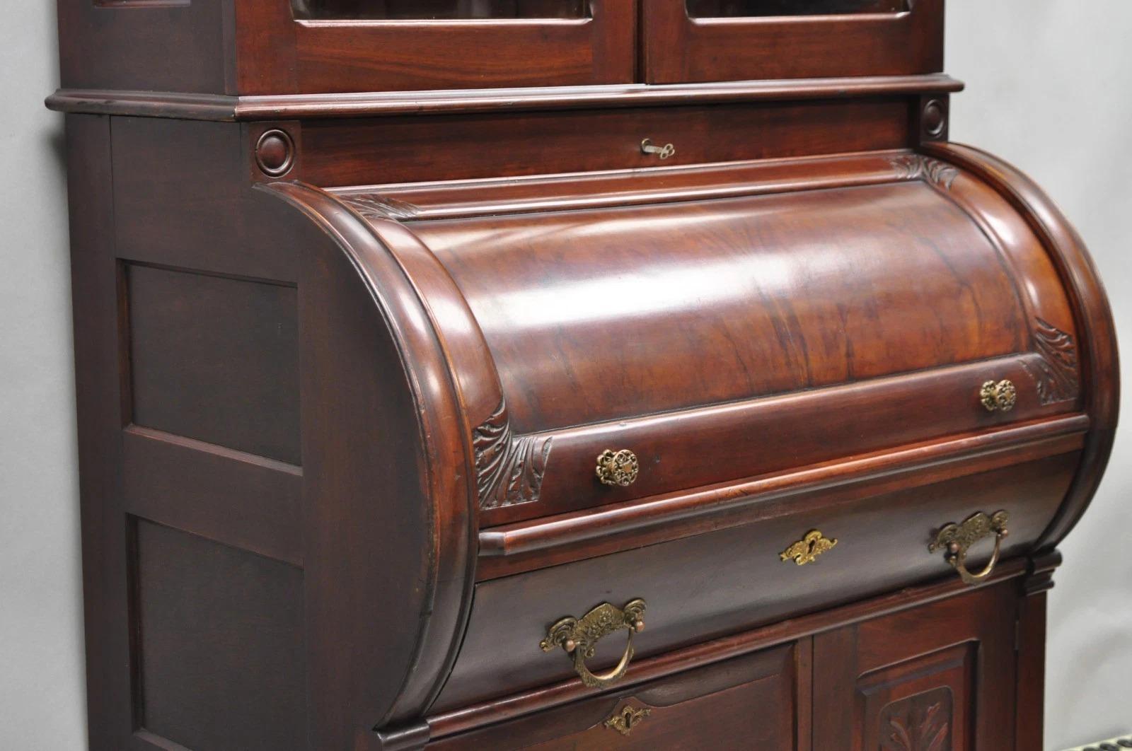 Glass Antique Victorian Mahogany Cylinder Roll Top Bookcase Secretary Desk Cabinet For Sale