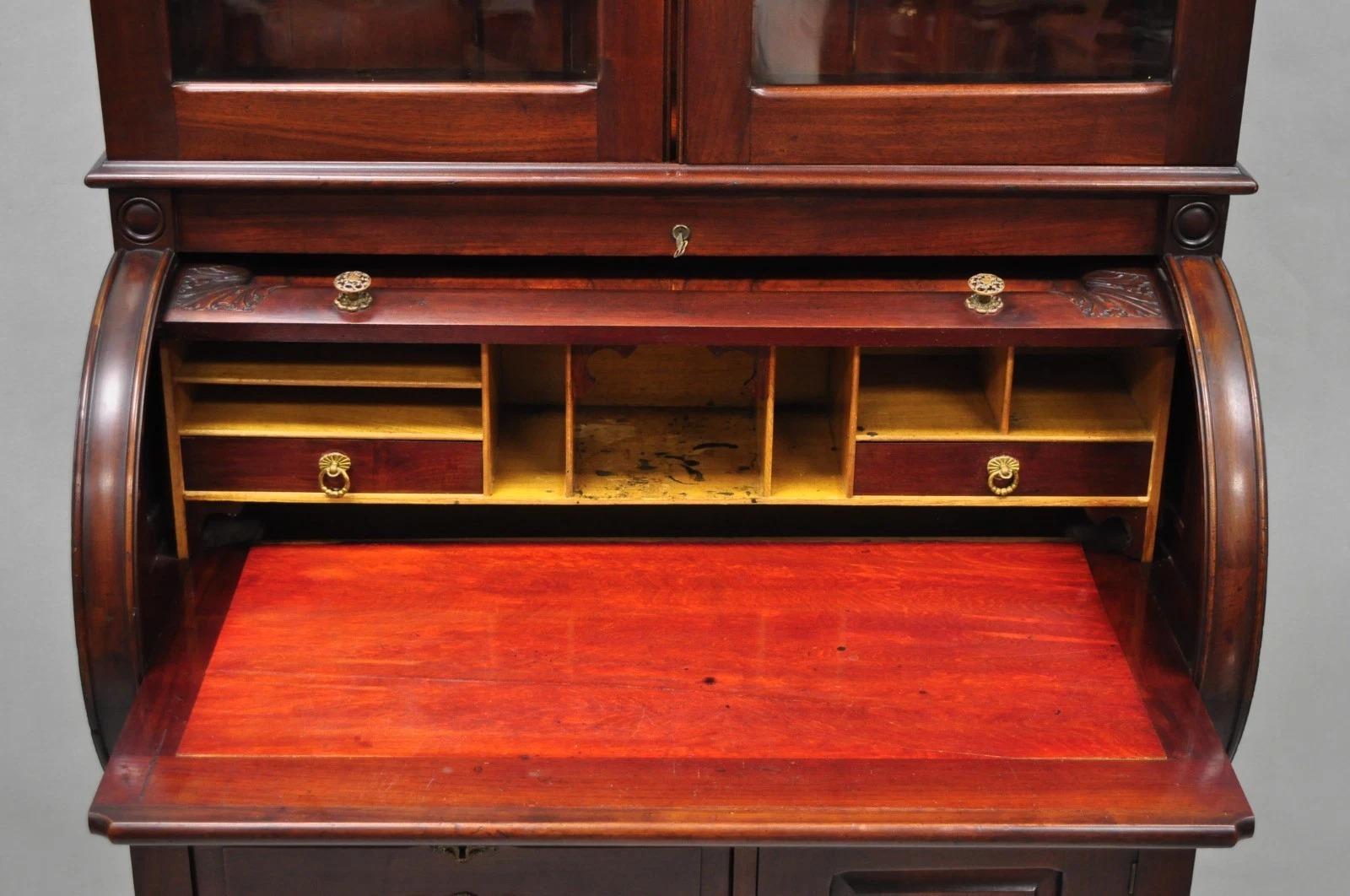 Antique Victorian Mahogany Cylinder Roll Top Bookcase Secretary Desk Cabinet For Sale 2