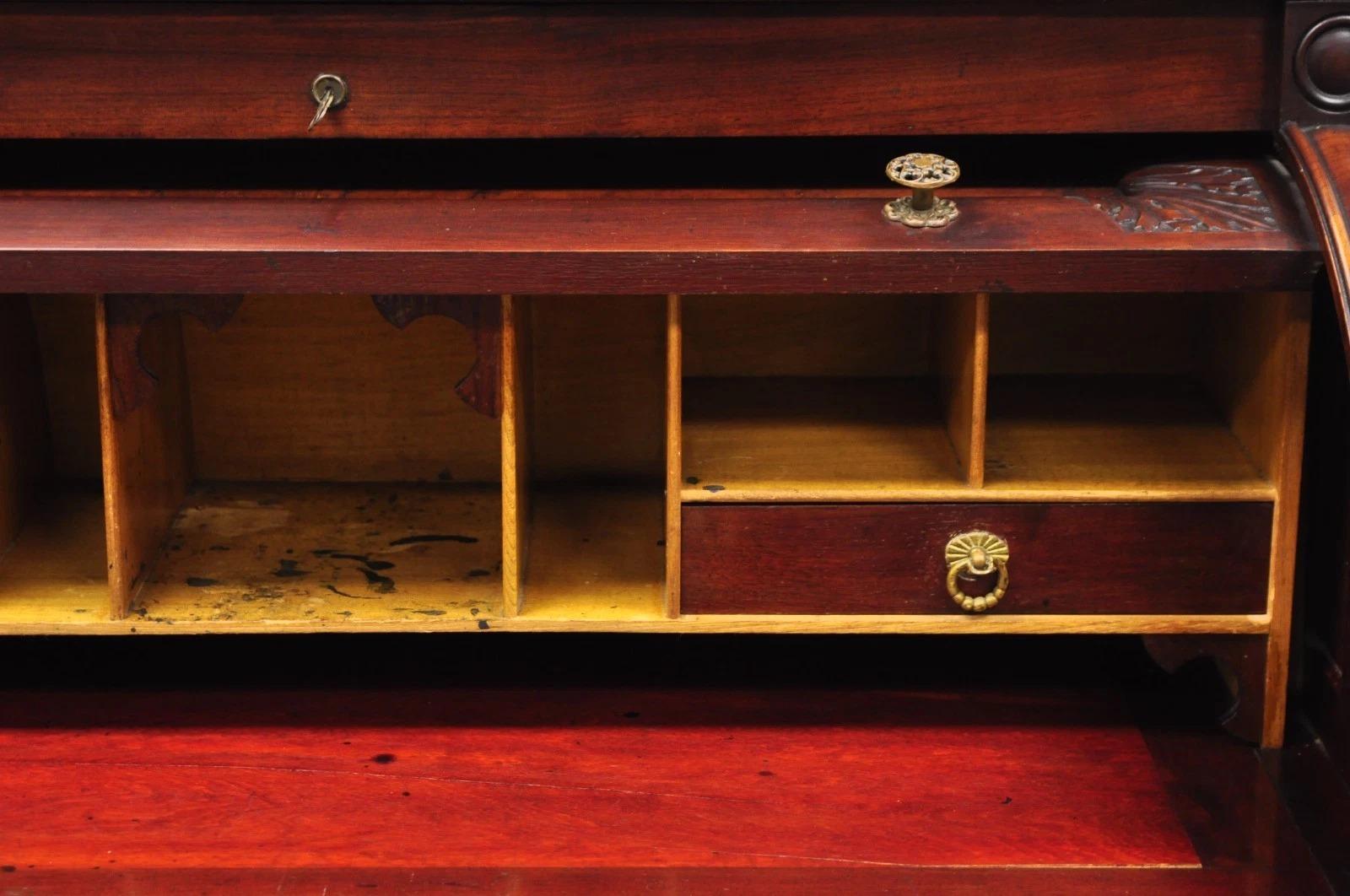 Antique Victorian Mahogany Cylinder Roll Top Bookcase Secretary Desk Cabinet For Sale 4