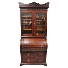 Antique Victorian Mahogany Cylinder Roll Top Bookcase Secretary Desk Cabinet
