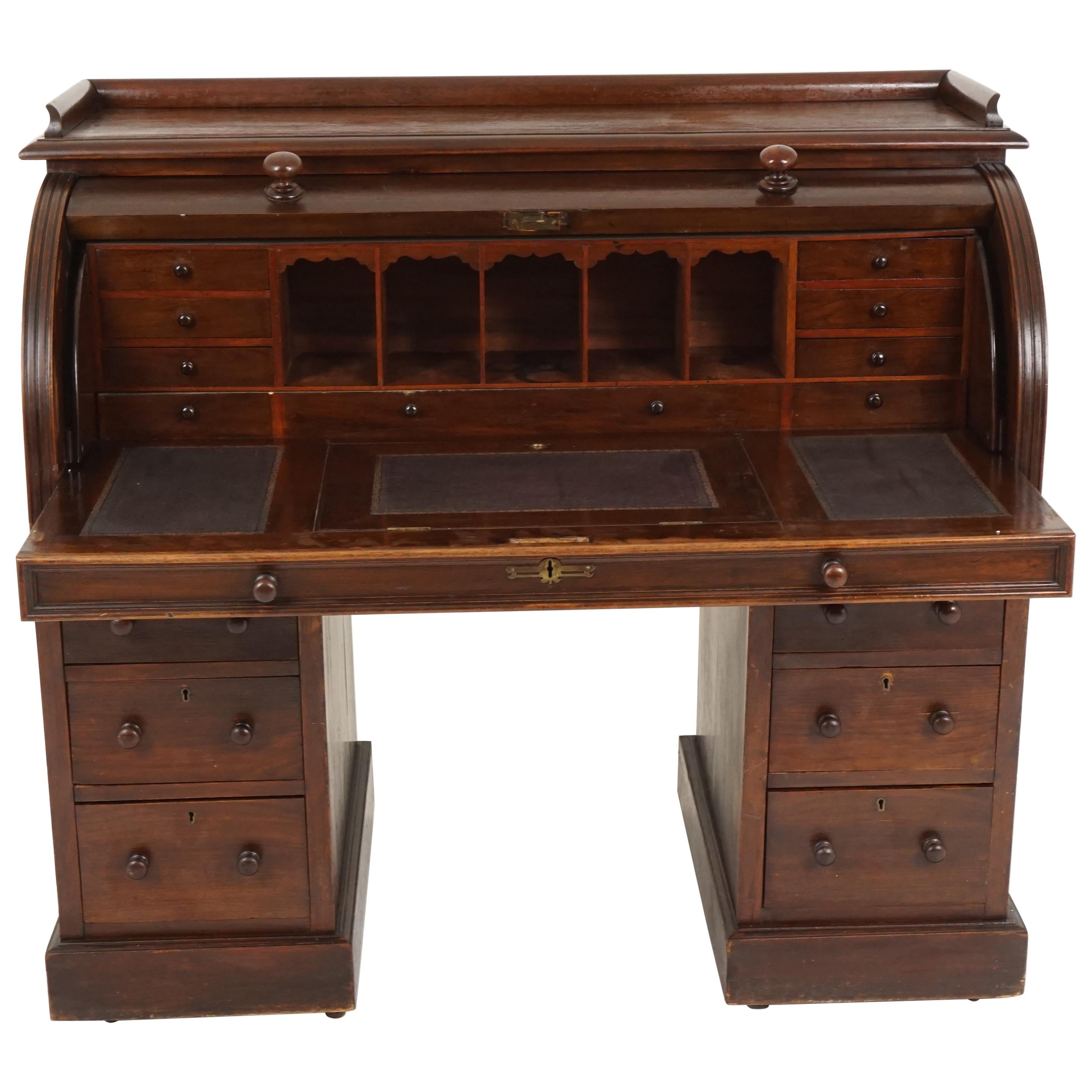 Antique Victorian Mahogany Desk, Roll Top Cylinder Desk, Scotland 1880, B2183