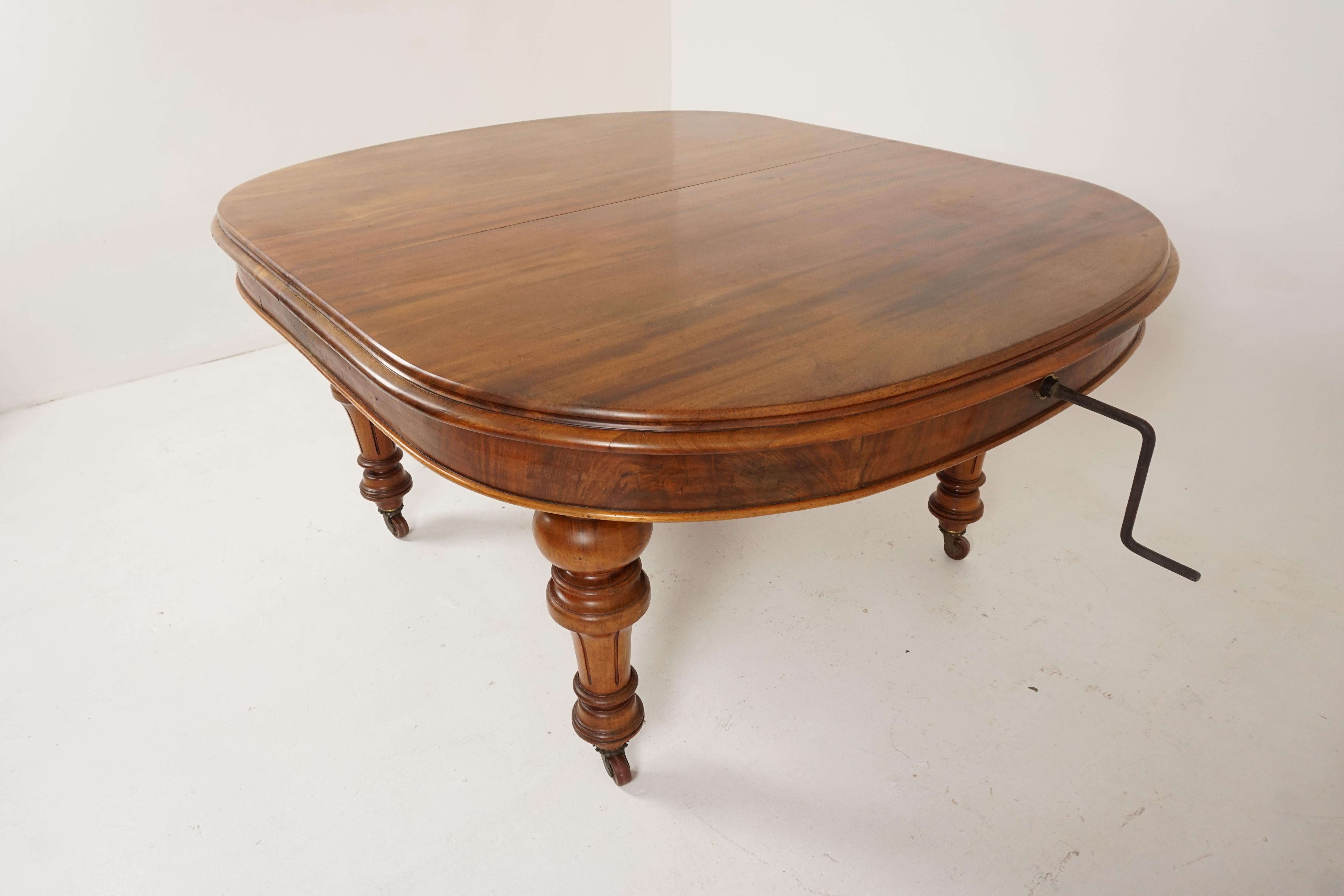 Antique Victorian Walnut extending dining table with 2 leaves, Scotland 1880, B1958

Scotland, 1880
Solid Walnut
Original finish
Rare oval ended shape
Double moulded edge on top
Stands on four turned faceted tapering legs
With brass caps and brown