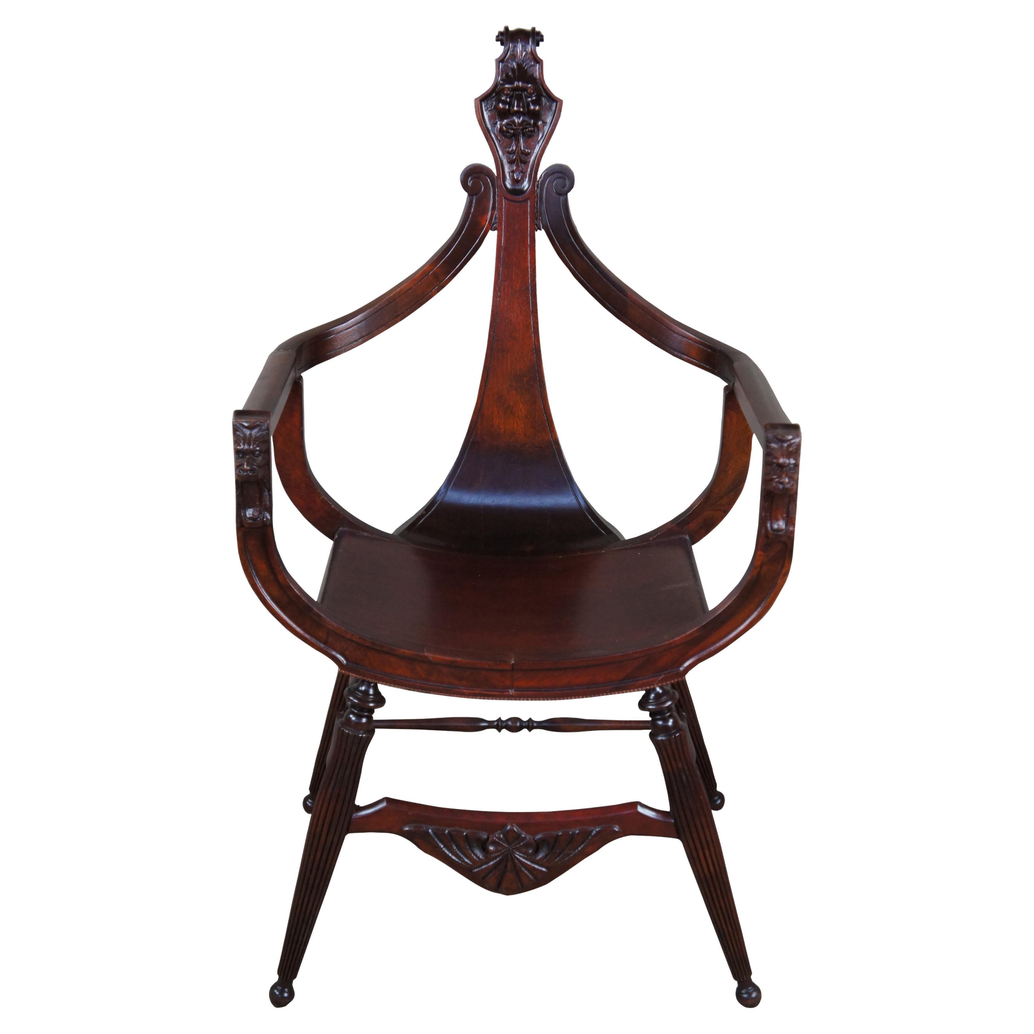Antiker viktorianischer Mahagoni-Sessel mit geschnitztem Löwenkopf und geschnitzter geschwungener Säulenlehne