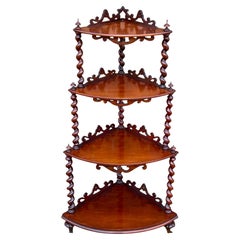 Antique Victorian Mahogany Four Tier Carved & Turned Whatnot Corner Shelves