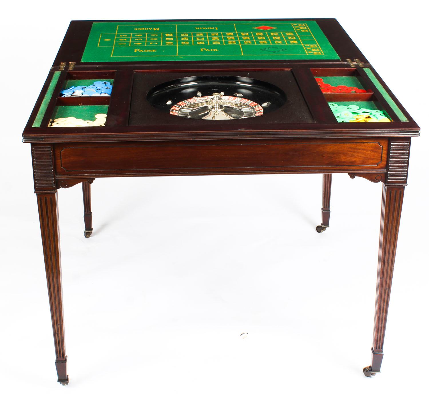 English Antique Victorian Mahogany Games Card Roulette Table, 19th Century