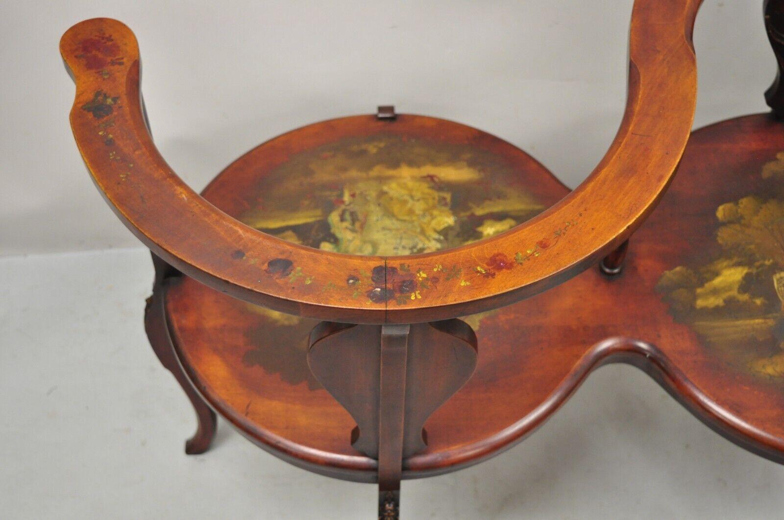 Antique Victorian Mahogany Hand Painted Tete a Tete 2 Seat Bench 5