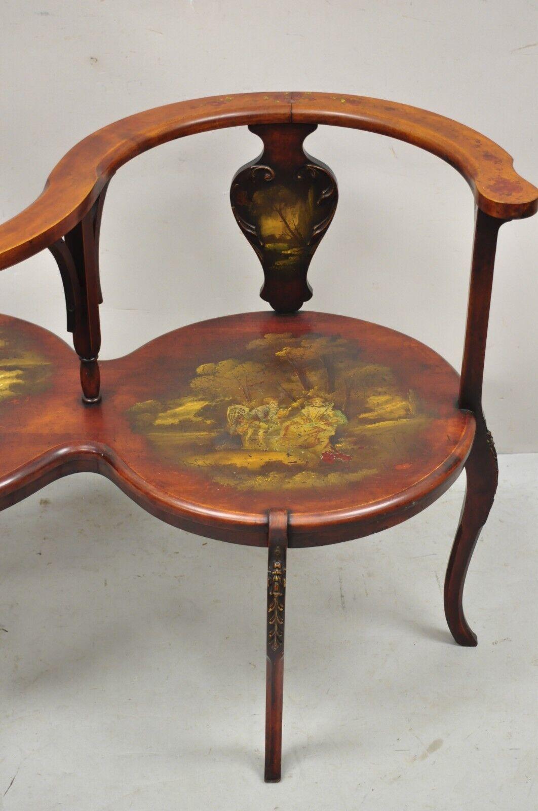 Antique Victorian Mahogany Hand Painted Tete a Tete 2 Seat Bench In Good Condition In Philadelphia, PA