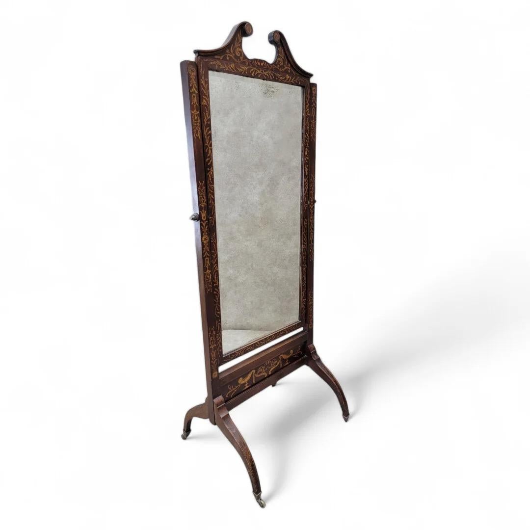 Antique Mirror vittoriano in mogano intarsiato con vetro smussato 

Specchio chevale intarsiato in mogano di epoca vittoriana di qualità eccellente con vetro smussato, splendidamente  frontone a collo di cigno intarsiato in mogano sopra uno specchio