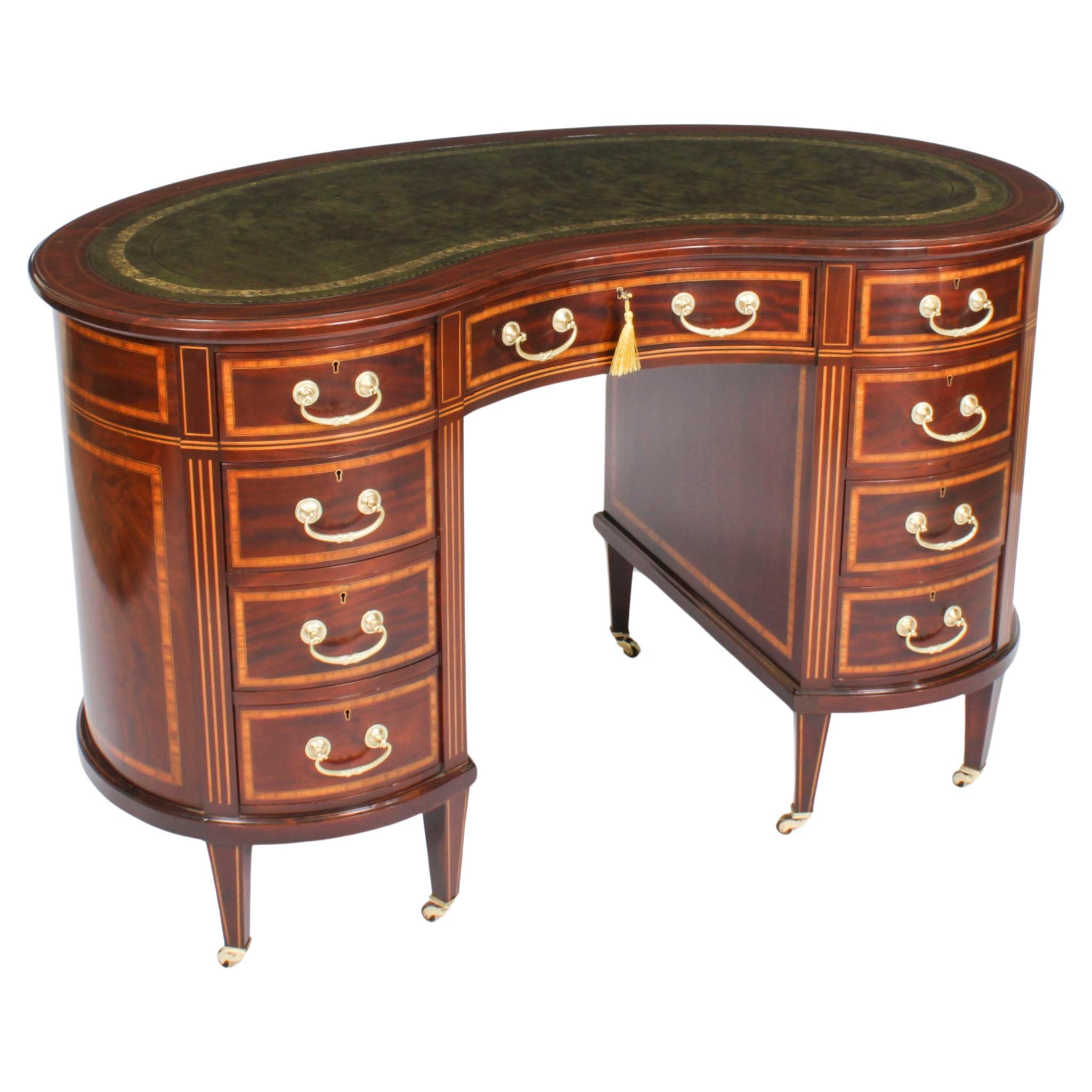 Antique Victorian Mahogany Inlaid Kidney Desk 19th Century