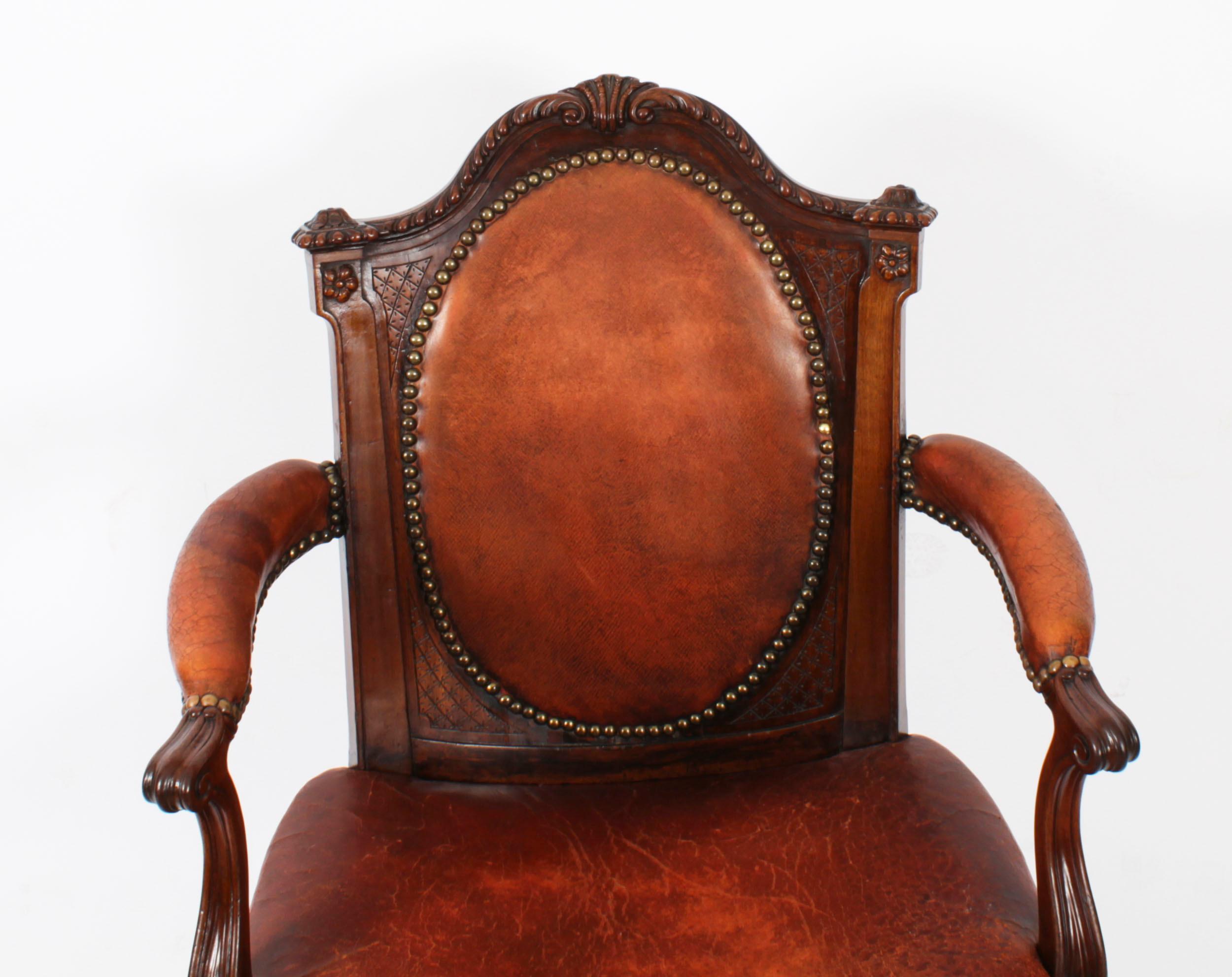 English Antique Victorian Mahogany & Leather Armchair 19th Century For Sale