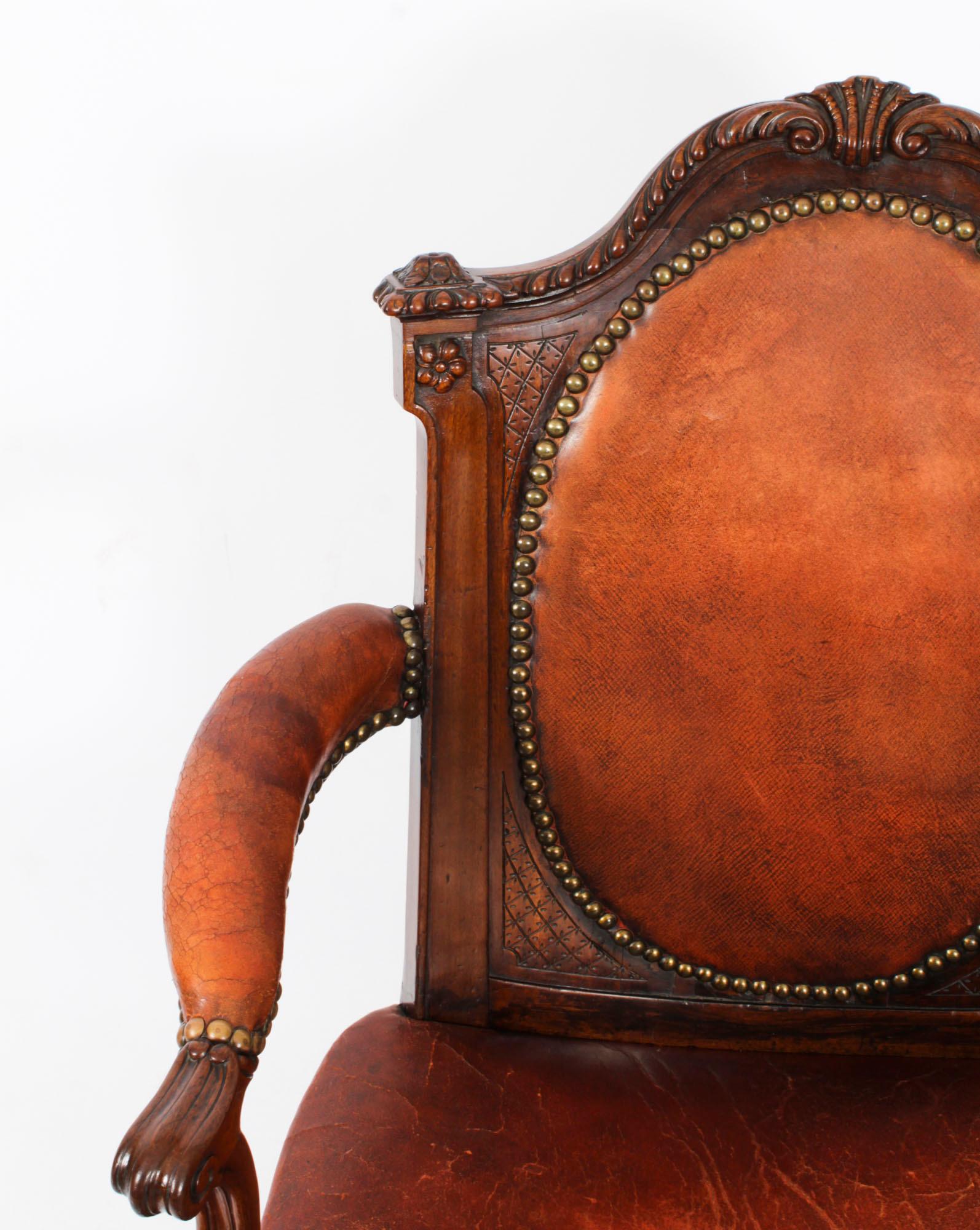 Carved Antique Victorian Mahogany & Leather Armchair 19th Century For Sale