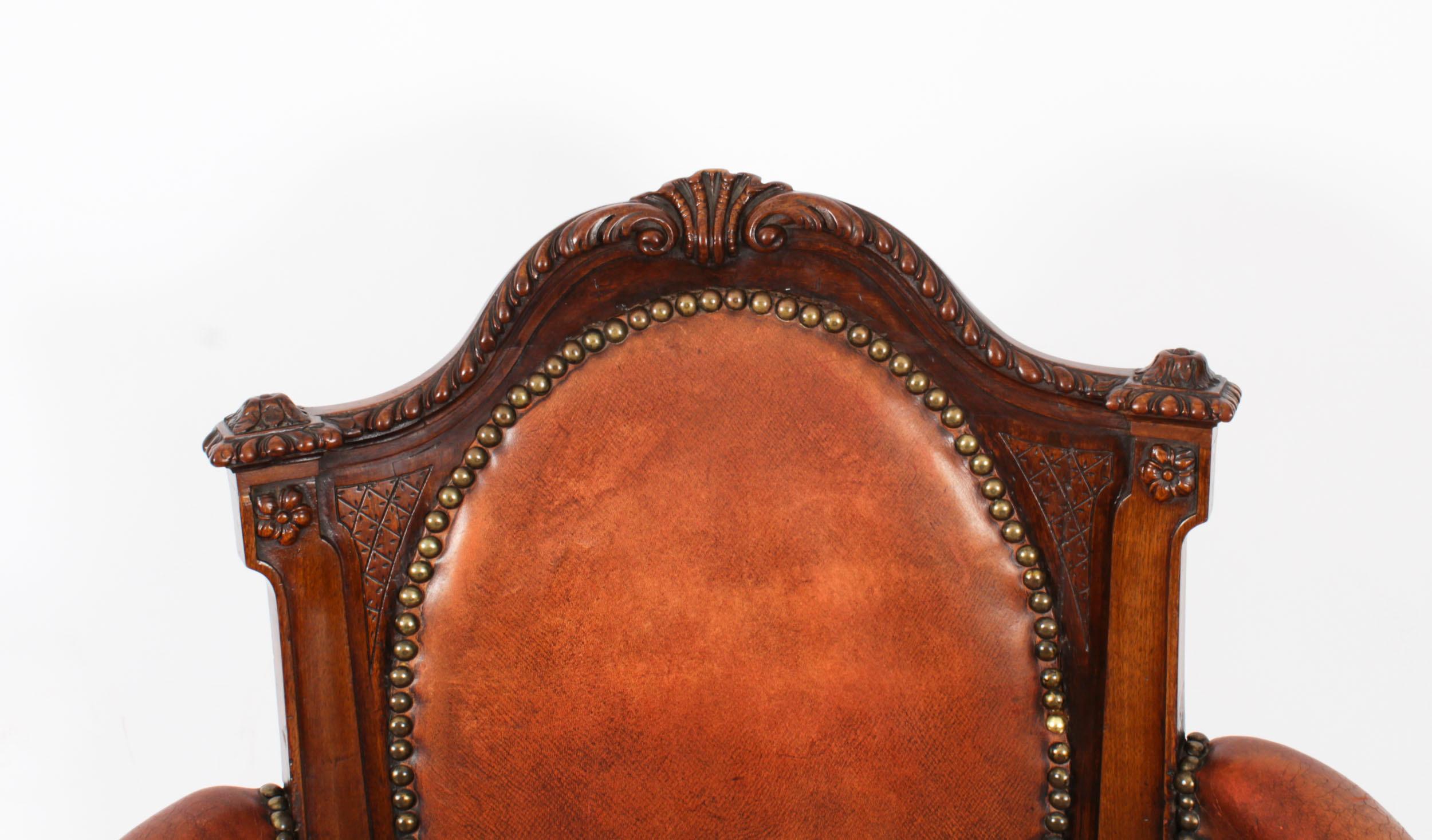 Mid-19th Century Antique Victorian Mahogany & Leather Armchair 19th Century For Sale