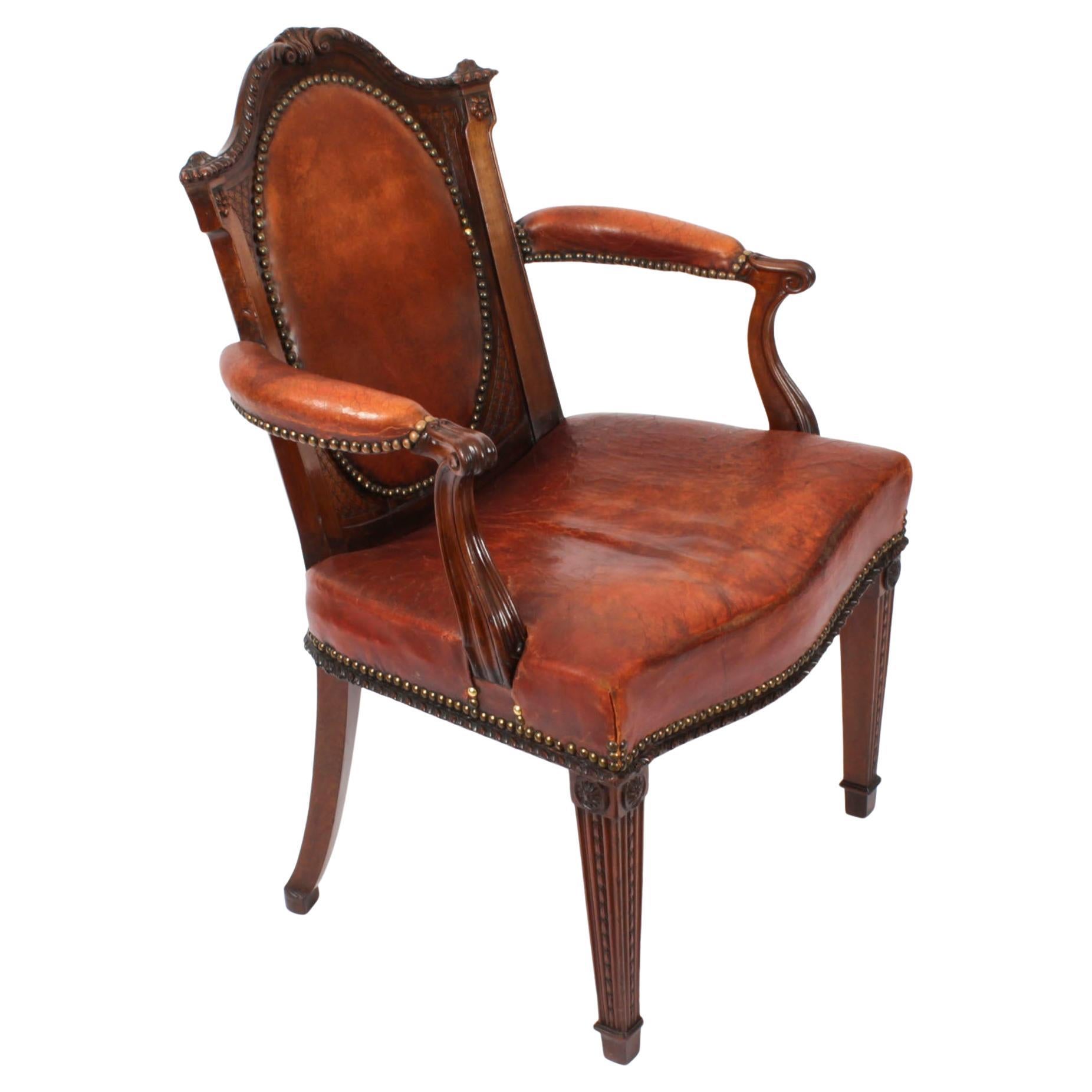 Antique Victorian Mahogany & Leather Armchair 19th Century For Sale
