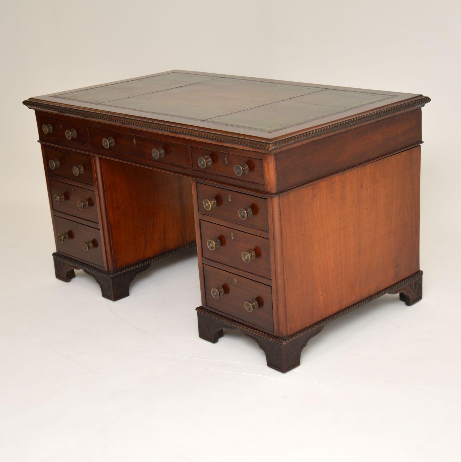 English Antique Victorian Mahogany Leather Top Pedestal Desk