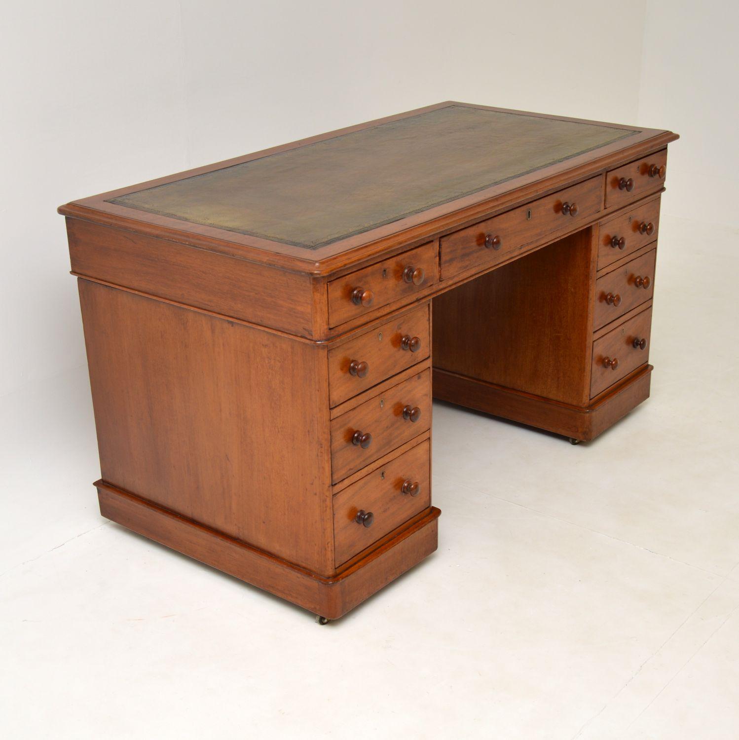 English Antique Victorian Mahogany Leather Top Pedestal Desk