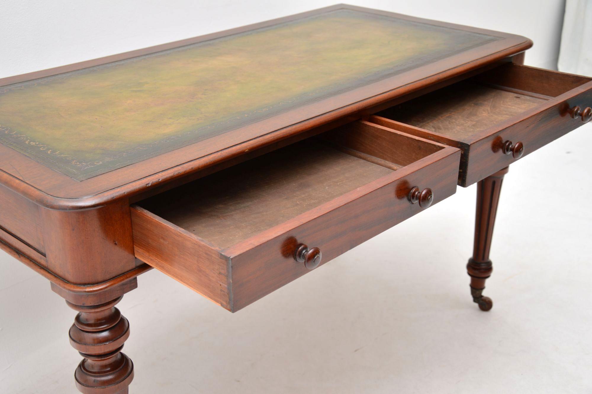 English Antique Victorian Mahogany Leather Top Writing Table