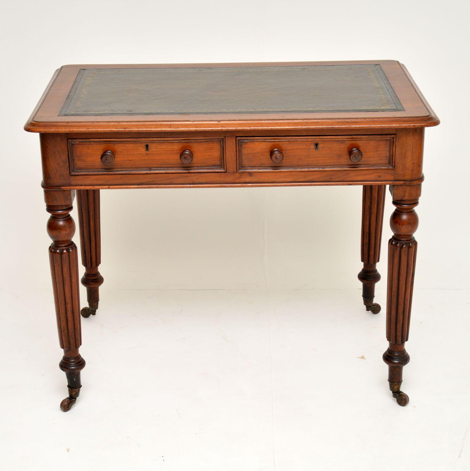 This antique early Victorian writing table is of high quality and is in very good original condition. It has a tooled leather writing surface and a good depth for the size. The drawers have fine dovetails, with original locks and turned handles.