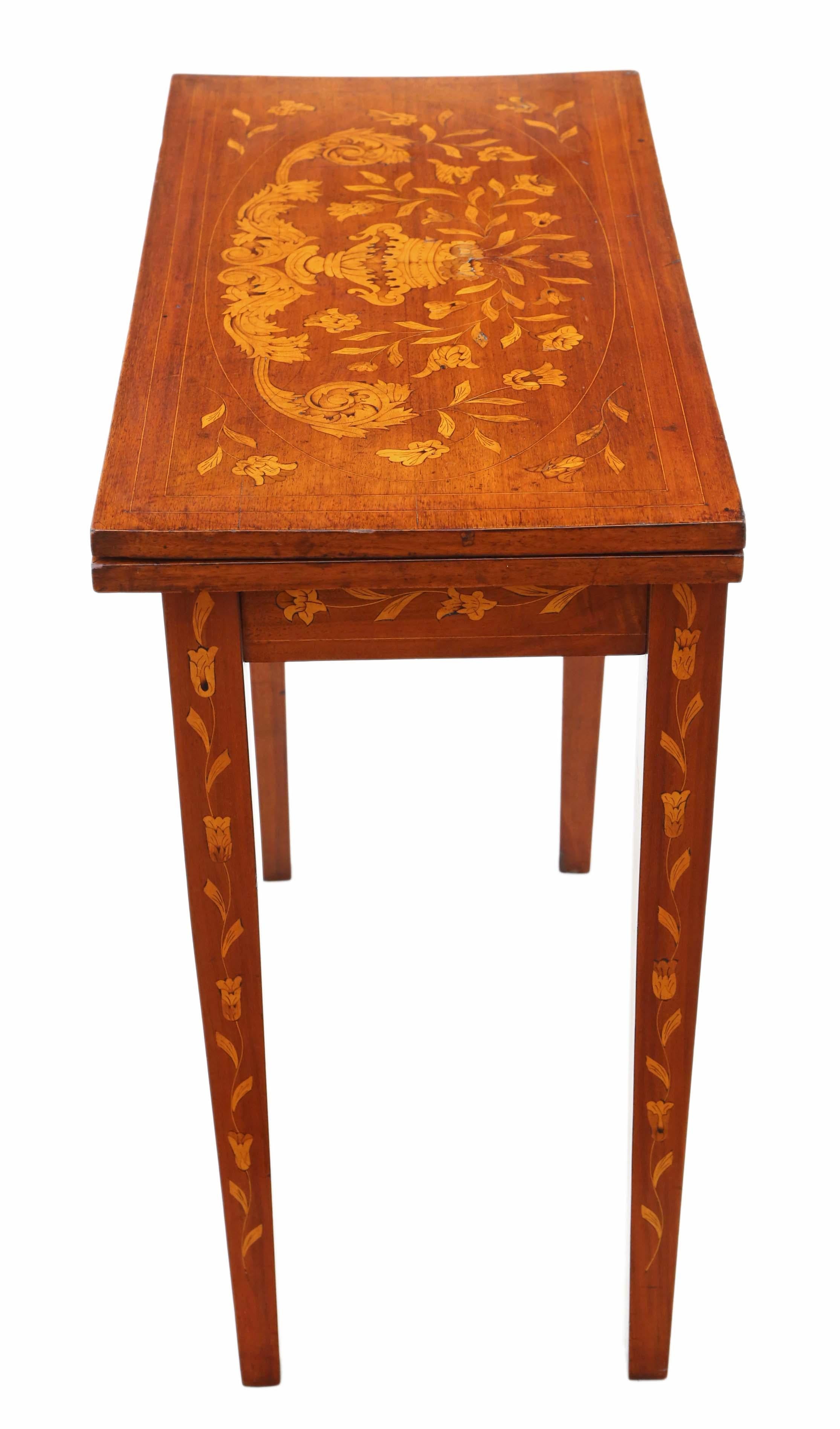 19th Century Antique Victorian Mahogany Marquetry Folding Card Console Table For Sale