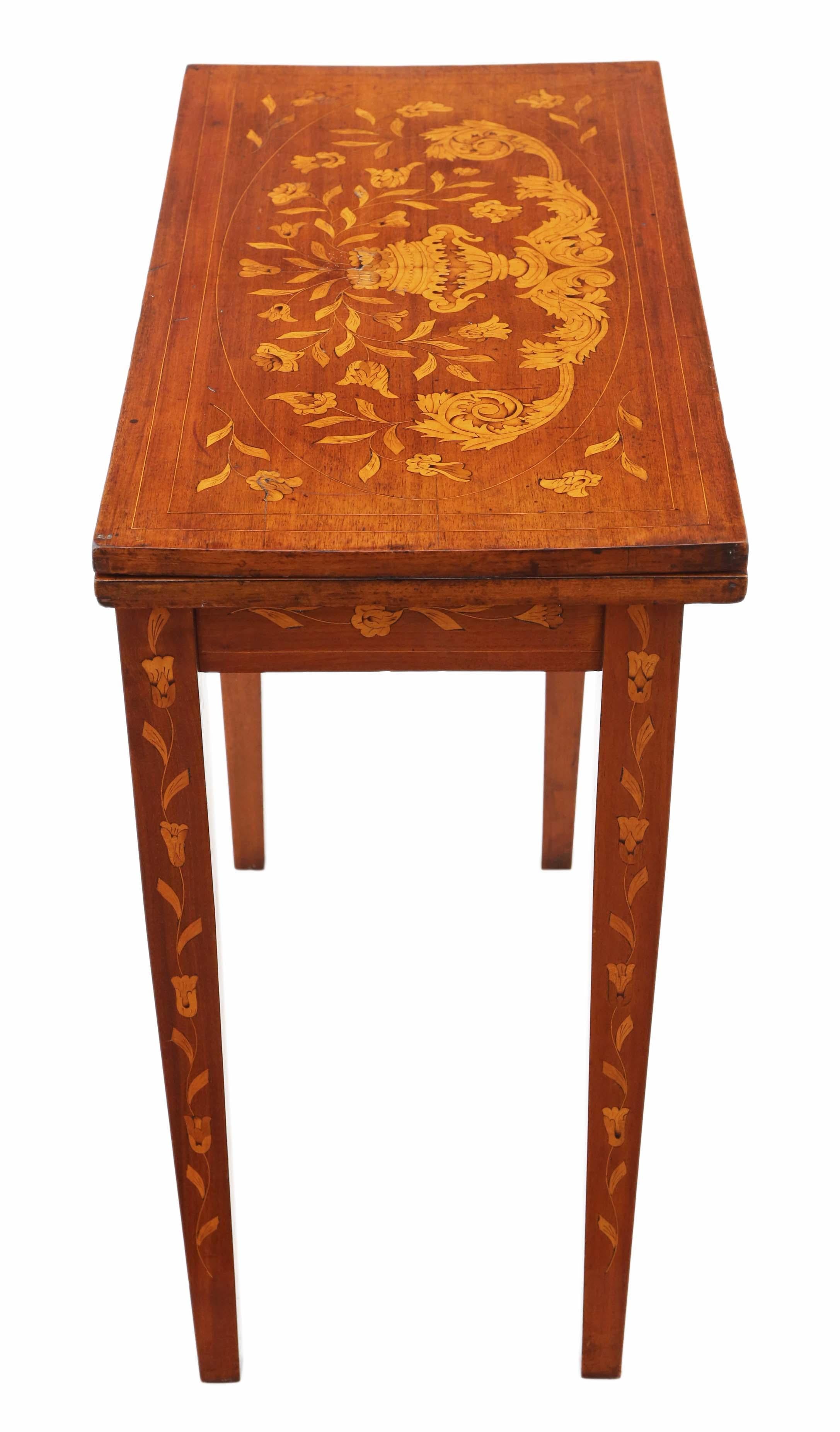 Wood Antique Victorian Mahogany Marquetry Folding Card Console Table  For Sale