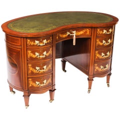 Antique Victorian Mahogany Marquetry Kidney Shaped Desk 19th Century