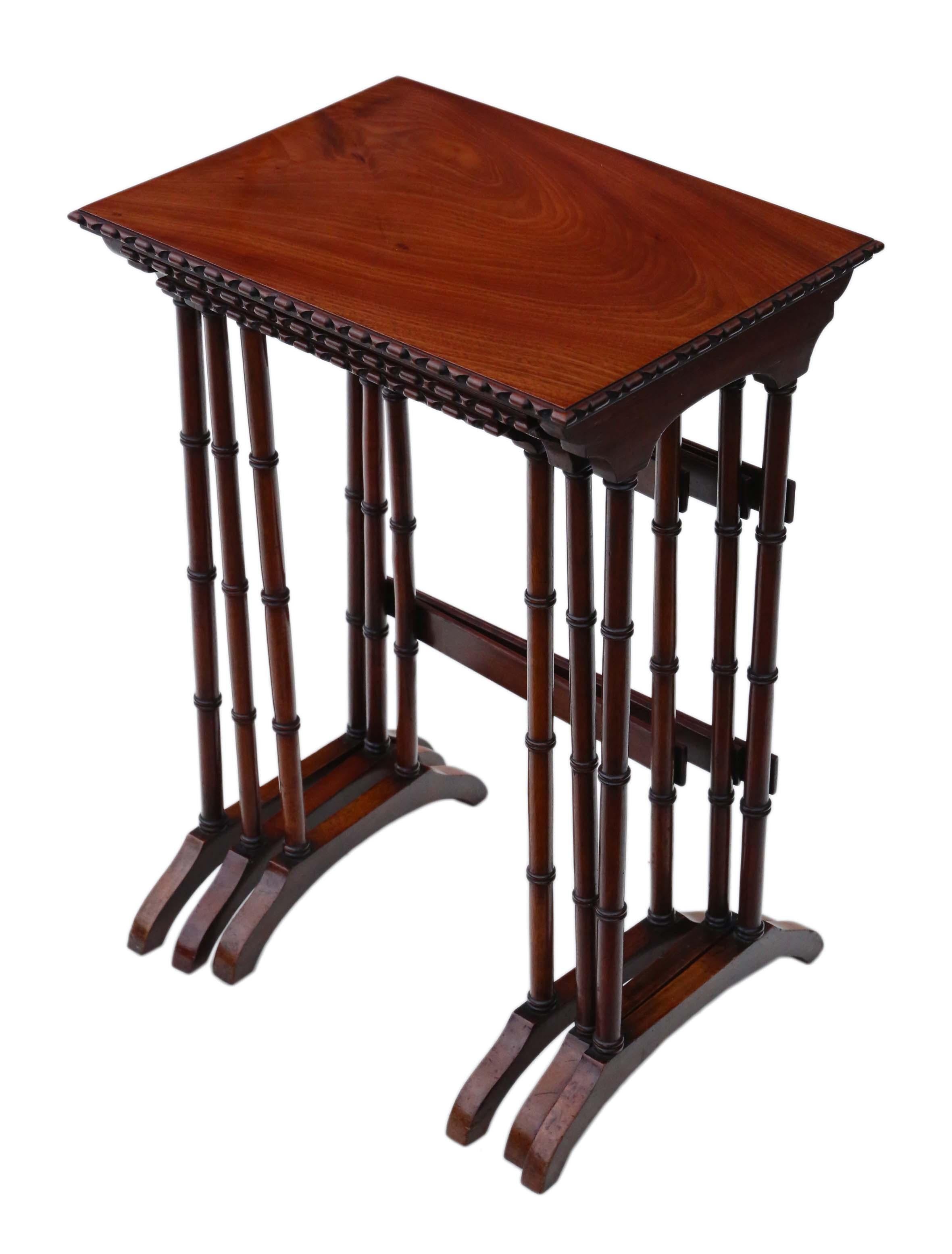 Antique fine quality Victorian mahogany nest of 3 tables, C1900.
 
Very attractive, with lovely proportions and styling. Recently restored to a good standard.
 
No loose joints or woodworm.
Good age, color and patina.

Overall maximum