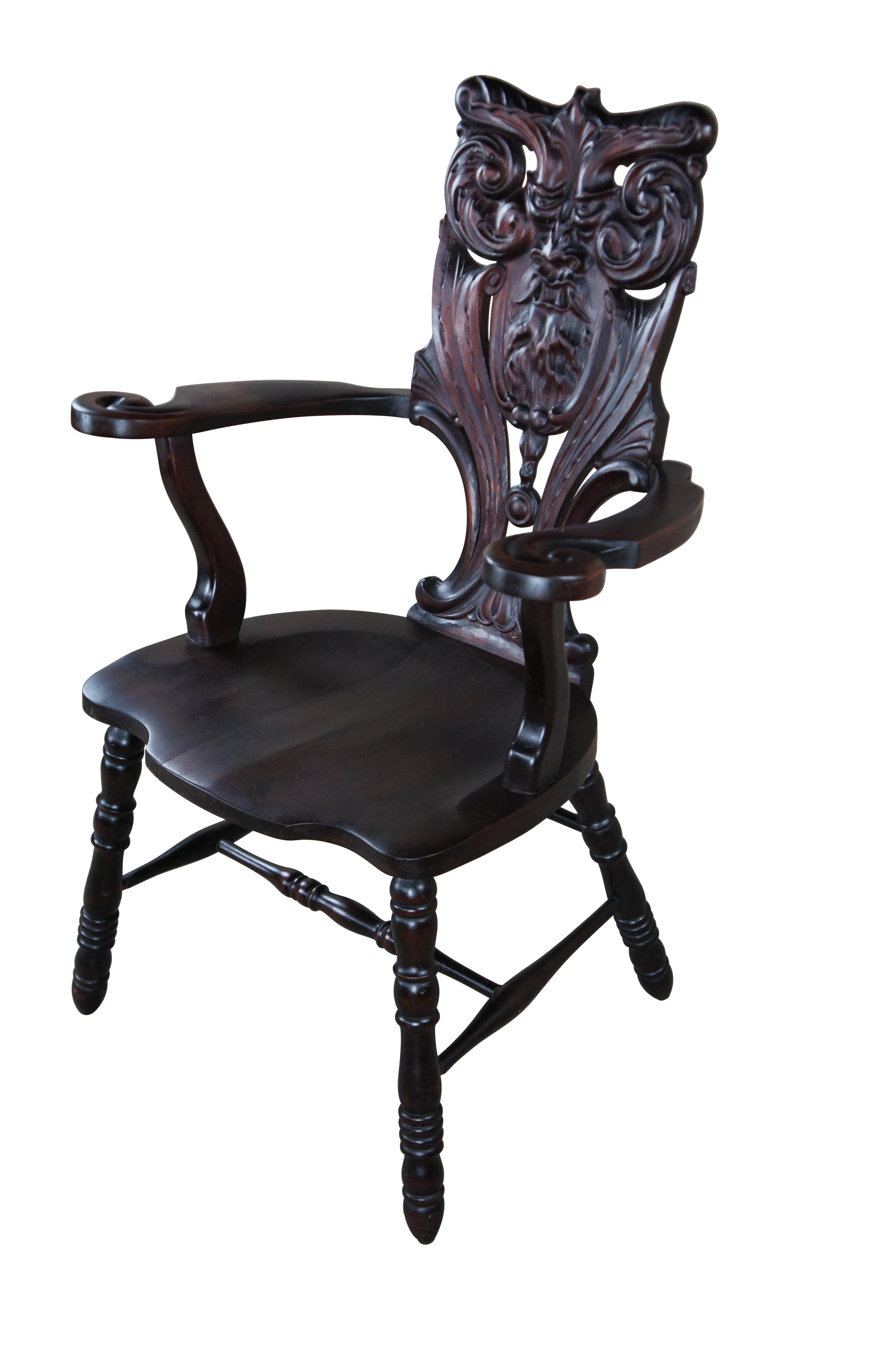 Antique Victorian Mahogany Northwind Face Parlor Throne Armchair 41