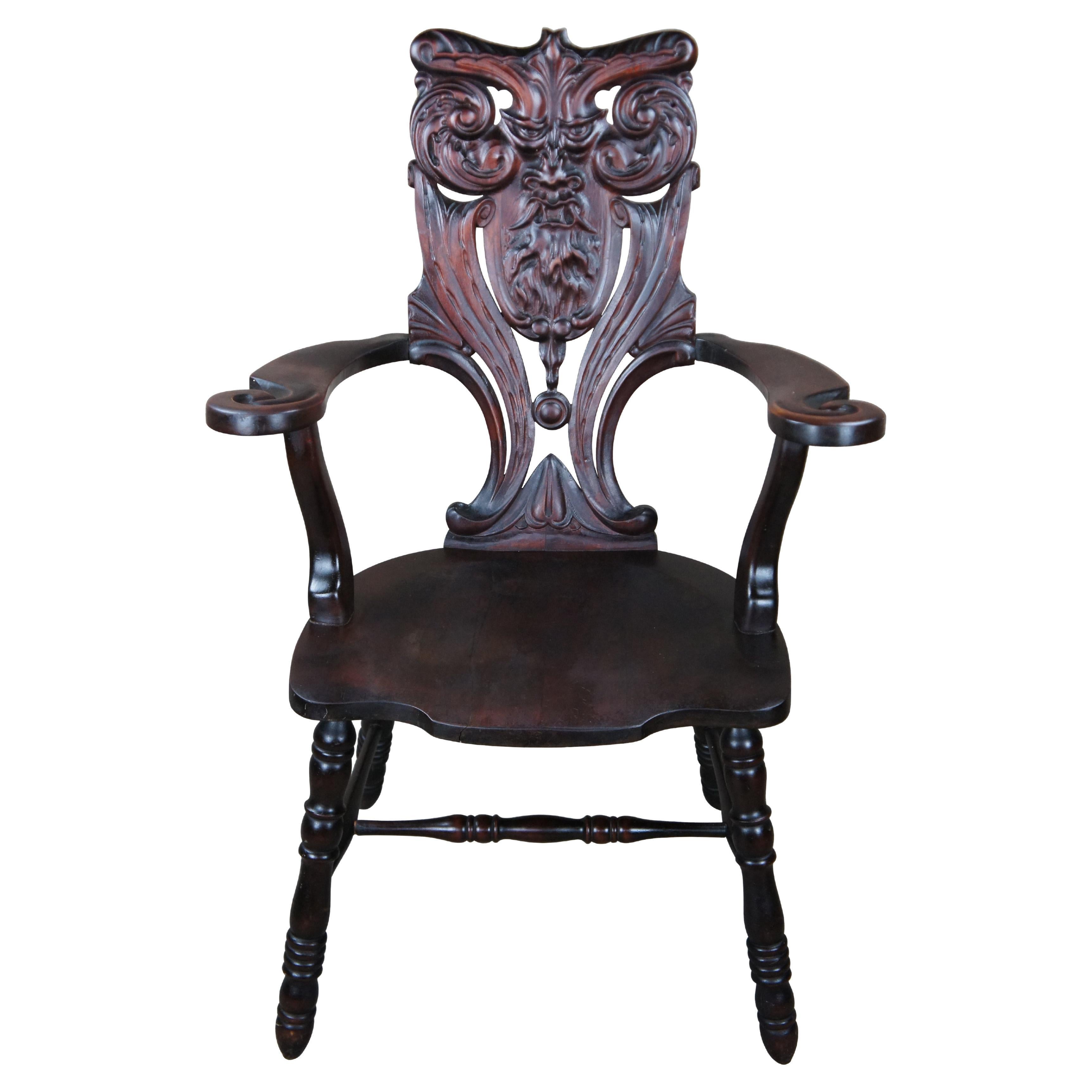Antique Victorian Mahogany Northwind Face Parlor Throne Armchair 41" For Sale