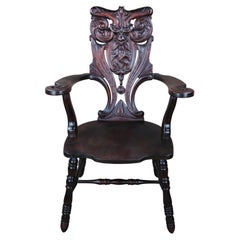 Antique Victorian Mahogany Northwind Face Parlor Throne Armchair 41" (Fauteuil de salon à trône)