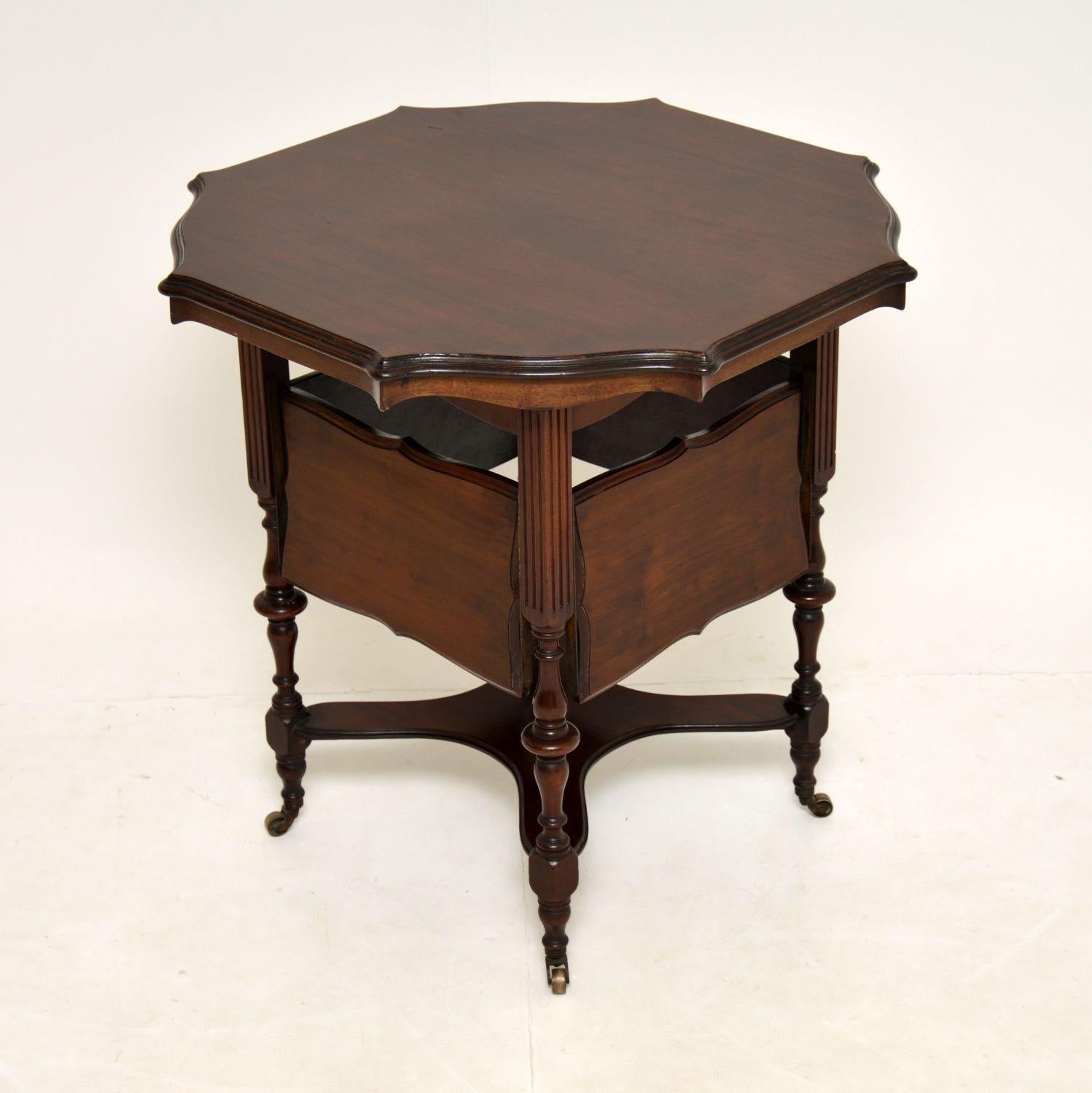 A smart and interesting antique occasional table in mahogany. This dates from around the 1890-1900 period.

It is of lovely quality, with a beautifully shaped octagonal top. It sits on turned and fluted legs, which terminate in original brass