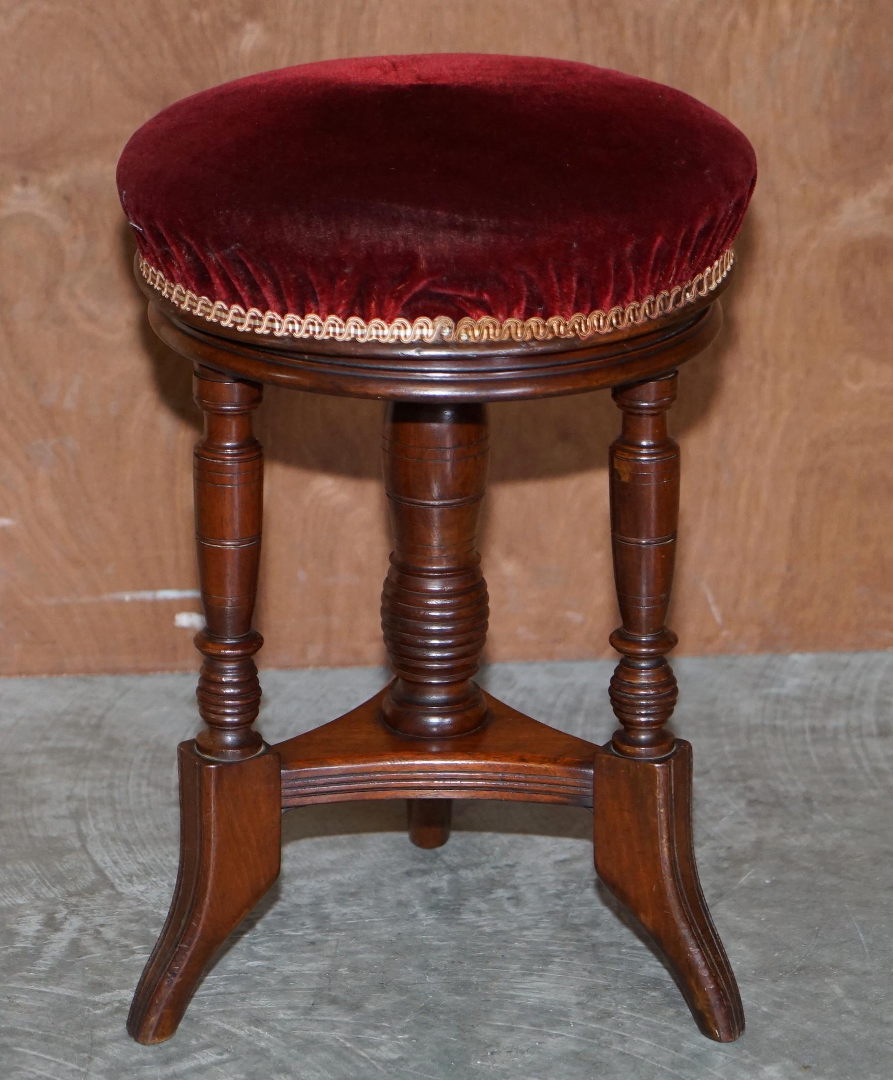 Upholstery Antique Victorian Hardwood Piano Stool with Decorative Base Height Adjustable For Sale