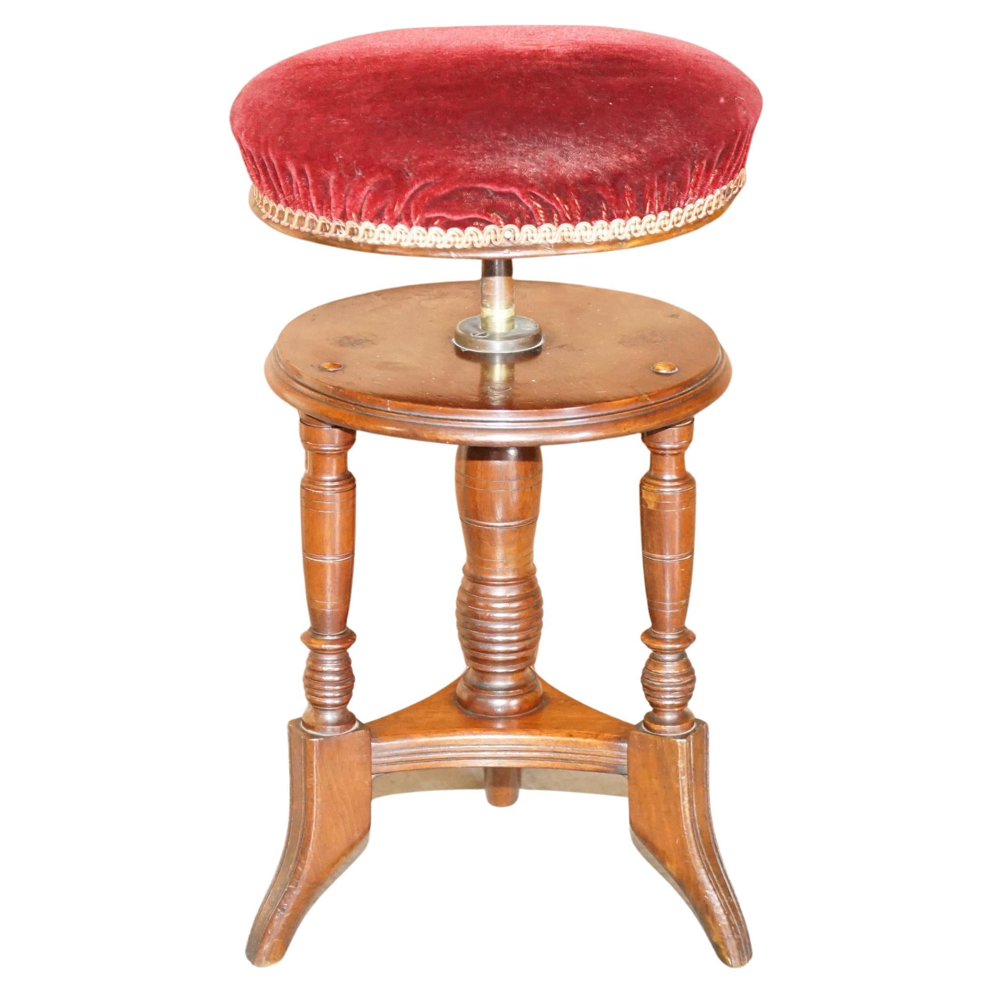Antique Victorian Hardwood Piano Stool with Decorative Base Height Adjustable For Sale