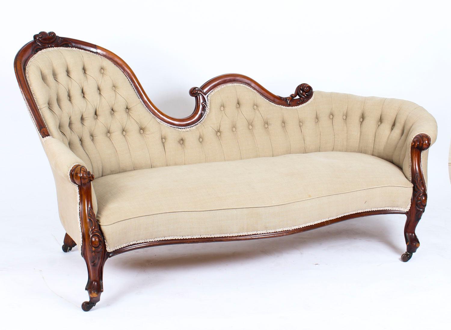Fabric Antique Victorian Mahogany Sofa Chaise Longue Settee, 19th Century