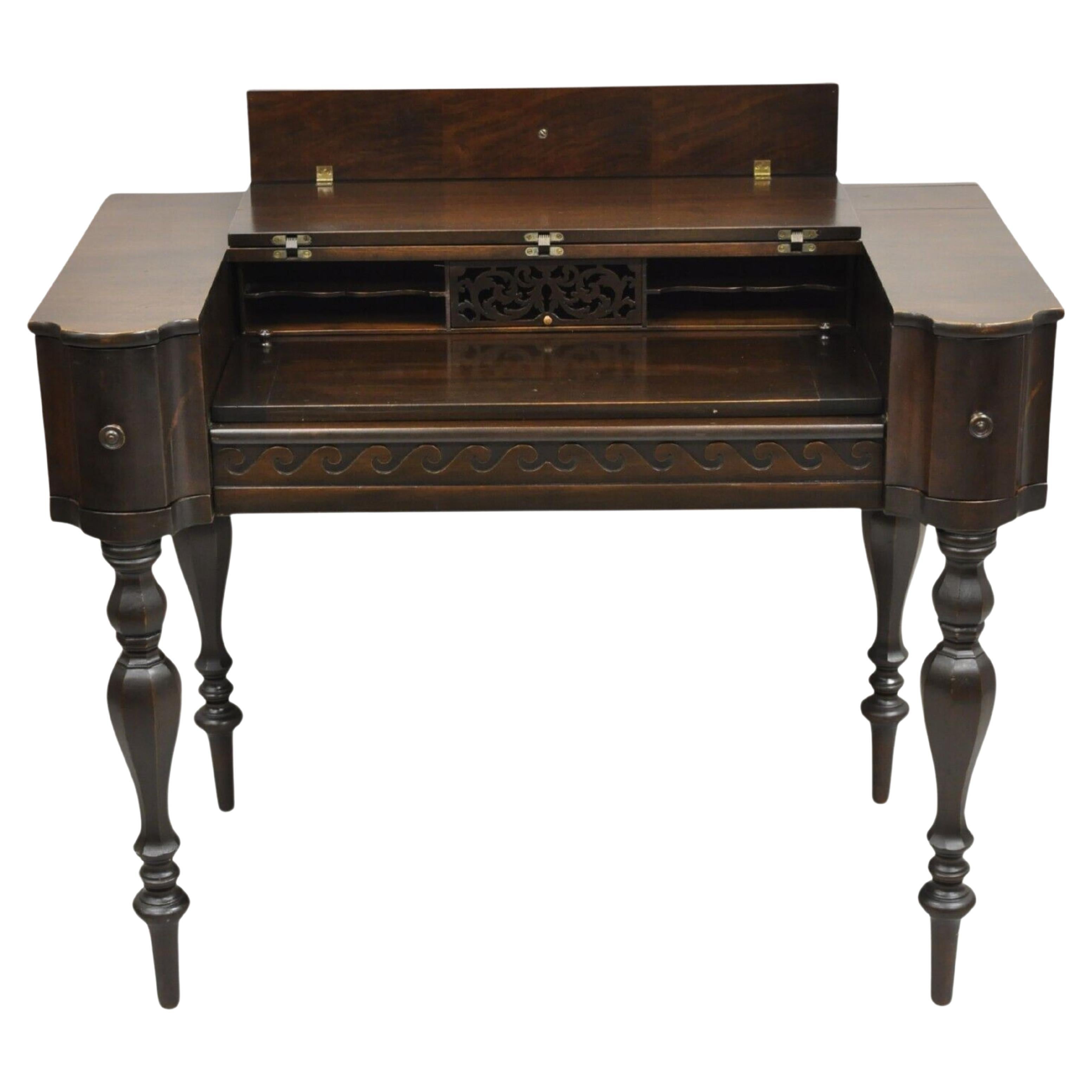 Antique Victorian Mahogany Spinet Piano Style Flip Top Secretary Writing Desk For Sale