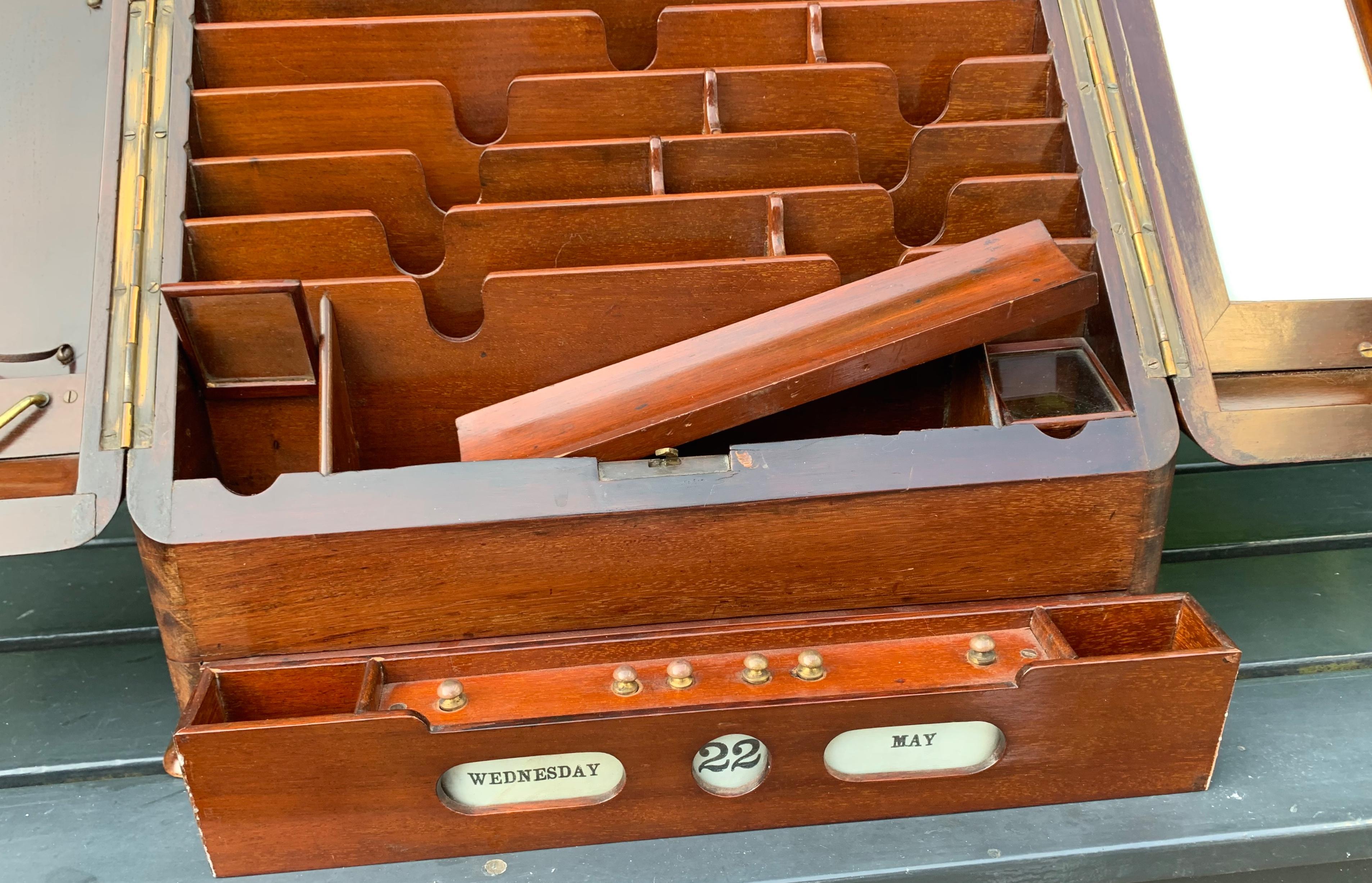 Antique Victorian Mahogany Stationary Box w. Perpetual Calendar, Bramah Improved For Sale 4