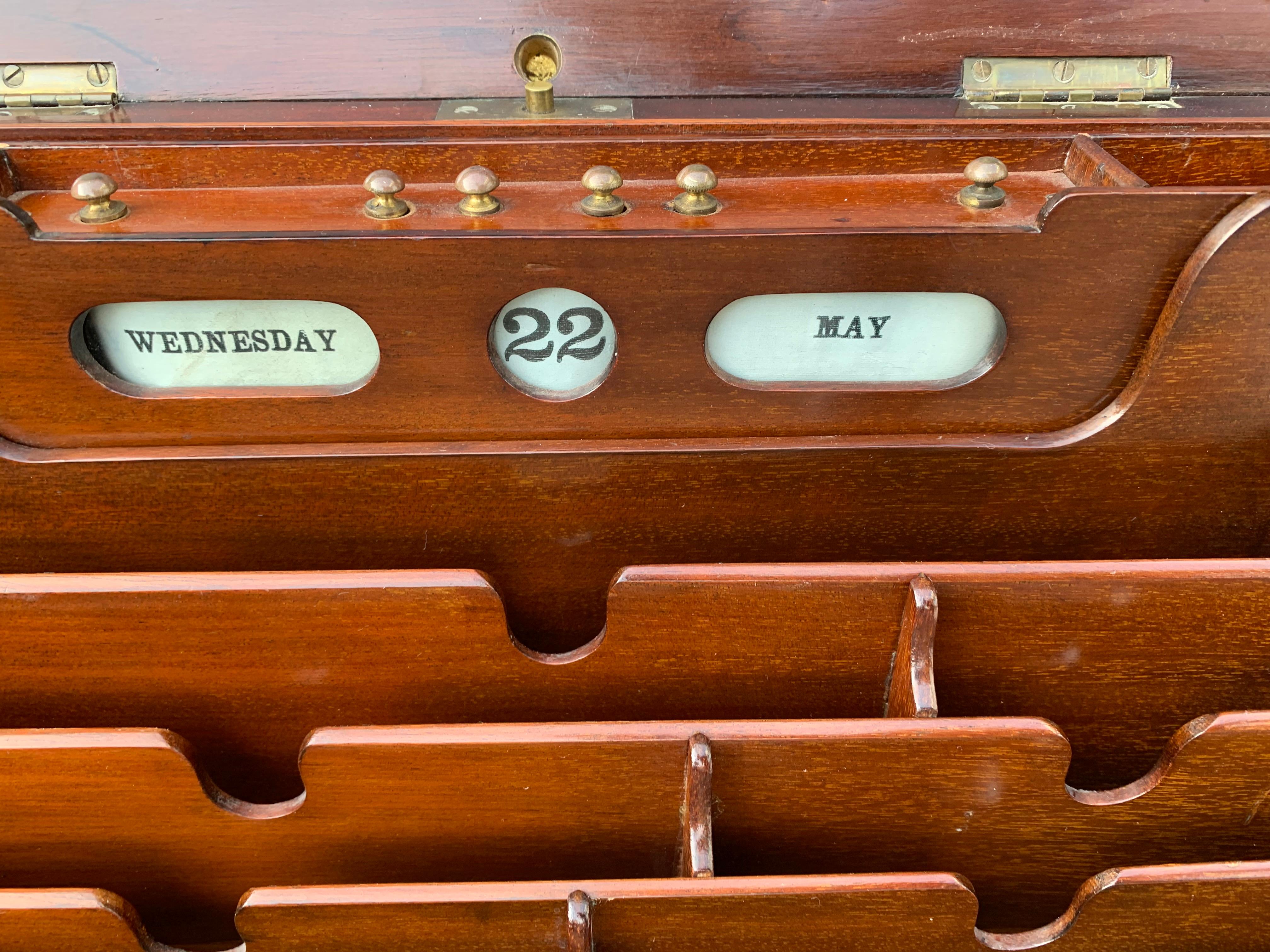 Antique Victorian Mahogany Stationary Box w. Perpetual Calendar, Bramah Improved For Sale 9