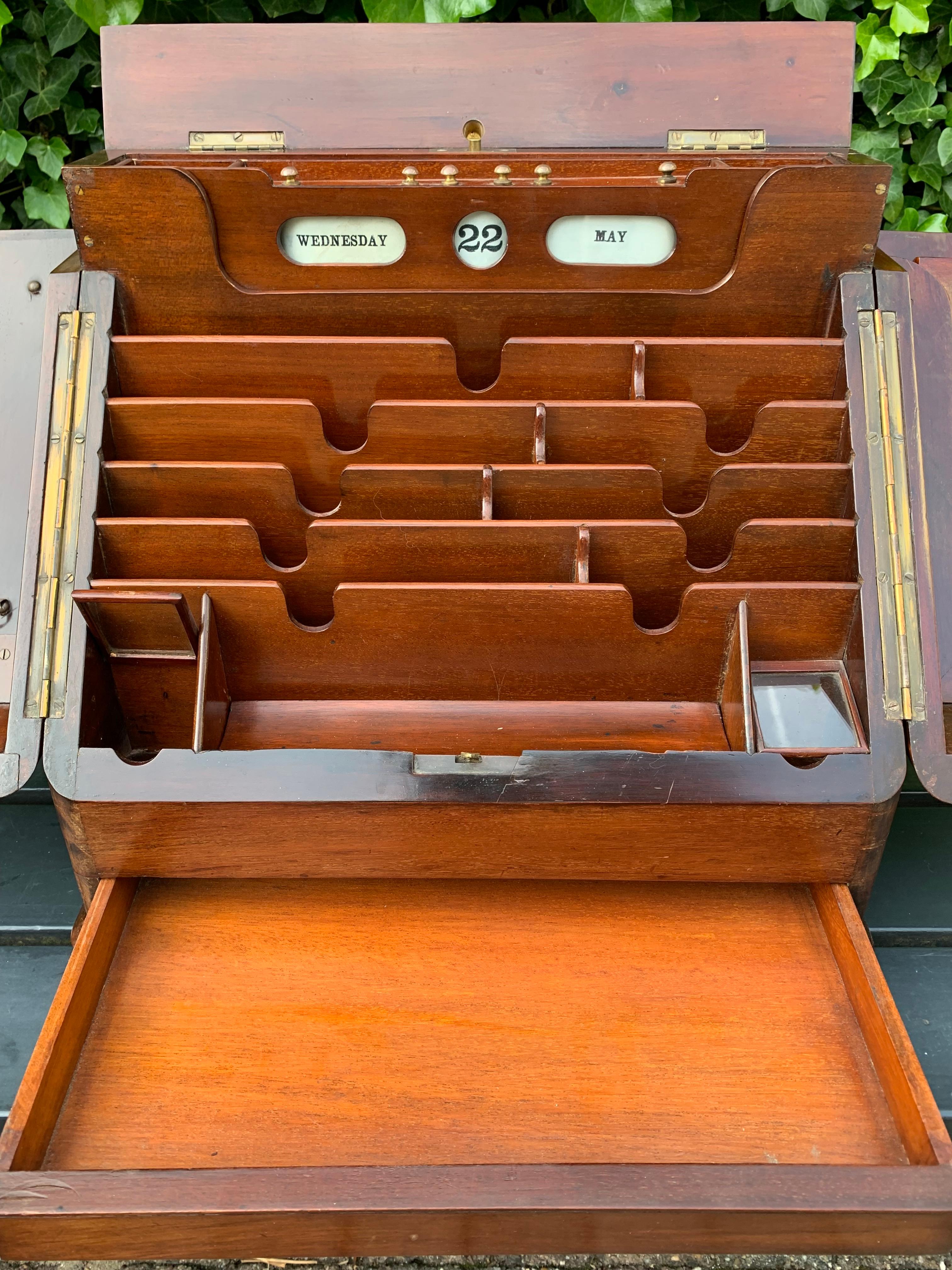 Antique Victorian Mahogany Stationary Box w. Perpetual Calendar, Bramah Improved For Sale 10