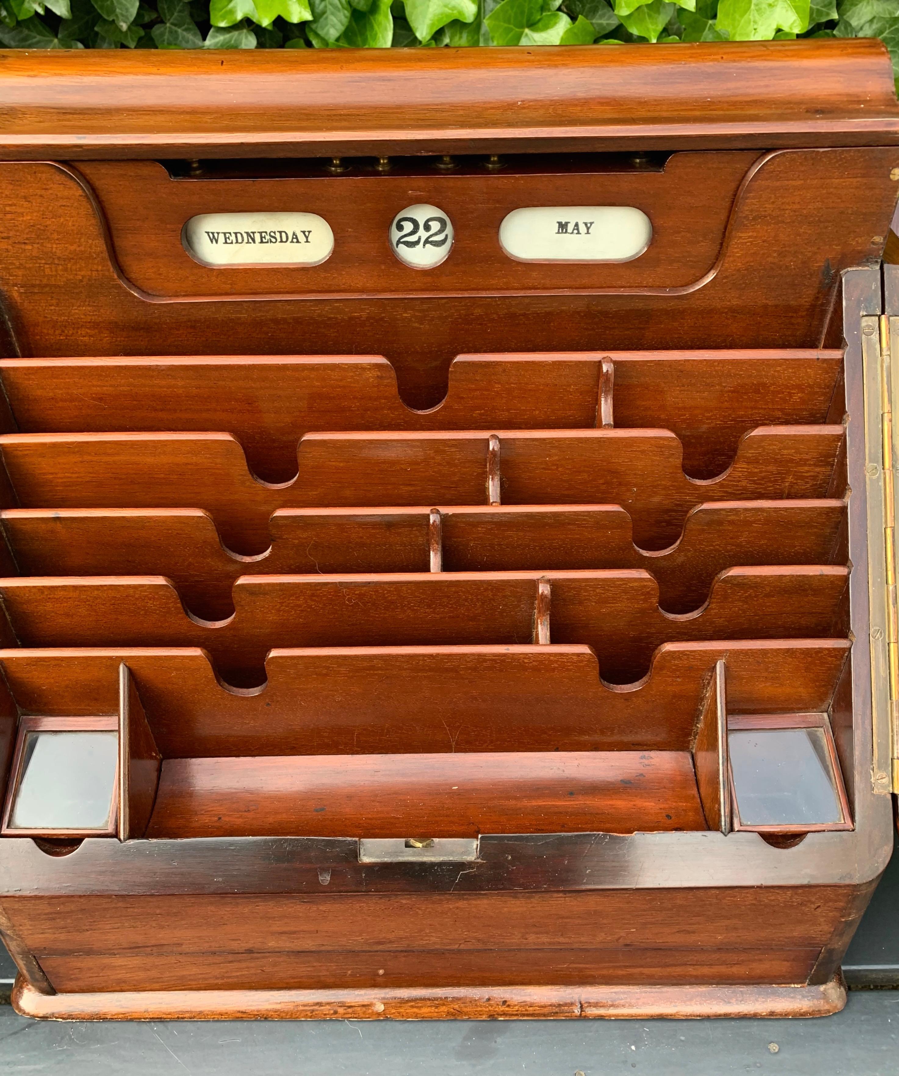 Antique Victorian Mahogany Stationary Box w. Perpetual Calendar, Bramah Improved For Sale 11